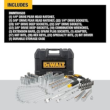 مجموعة أدوات ميكانيكا Dewalt ، 1 / 4 و 3 / 8 محرك بوصة ، Sae ، 172 قطعة (dwmt81533)