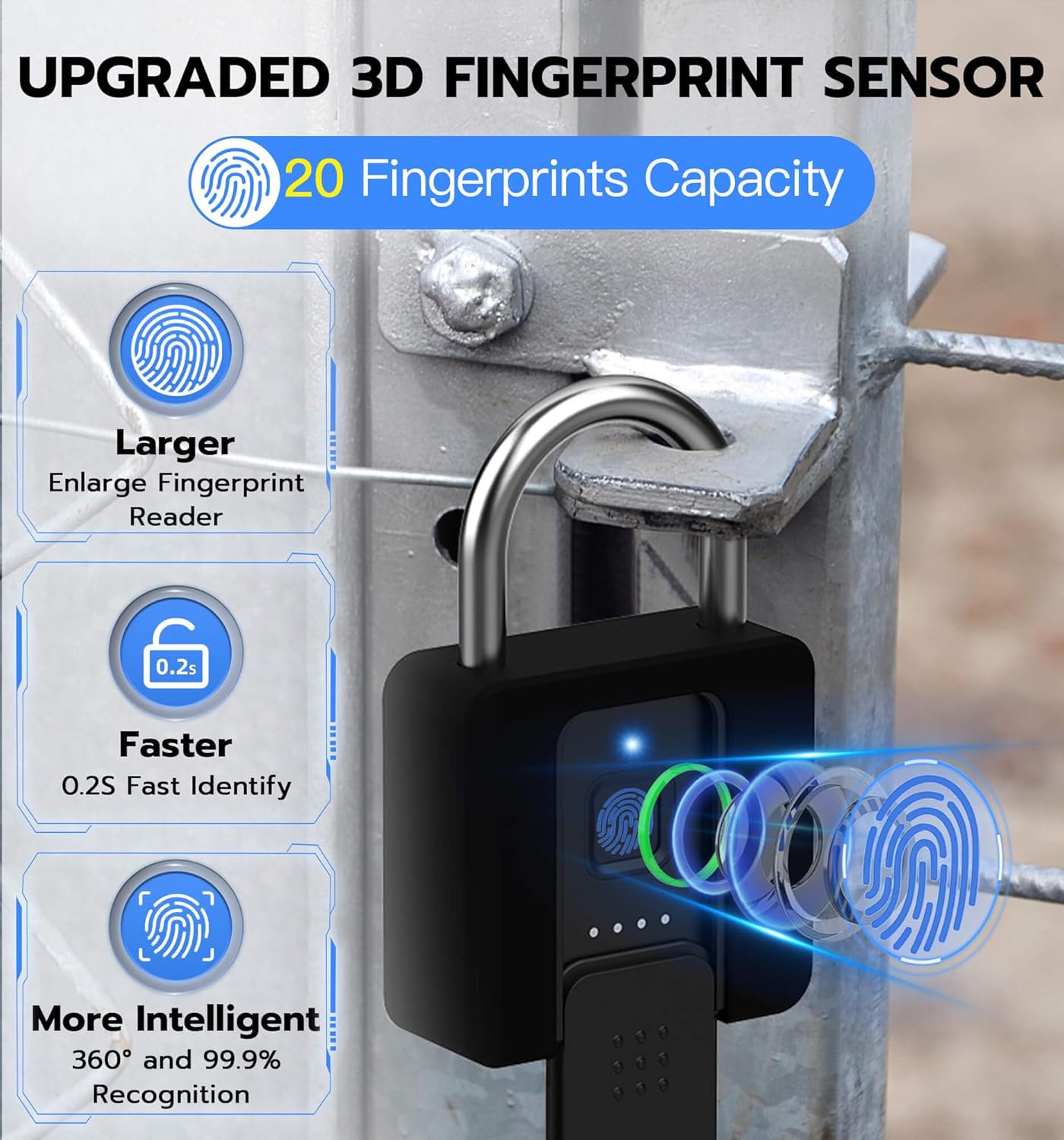 Close-up of the padlock's fingerprint sensor with a glowing blue light, indicating an upgraded 3D sensor with 20 fingerprints capacity, 0.2s fast identify, and 360-degree recognition.