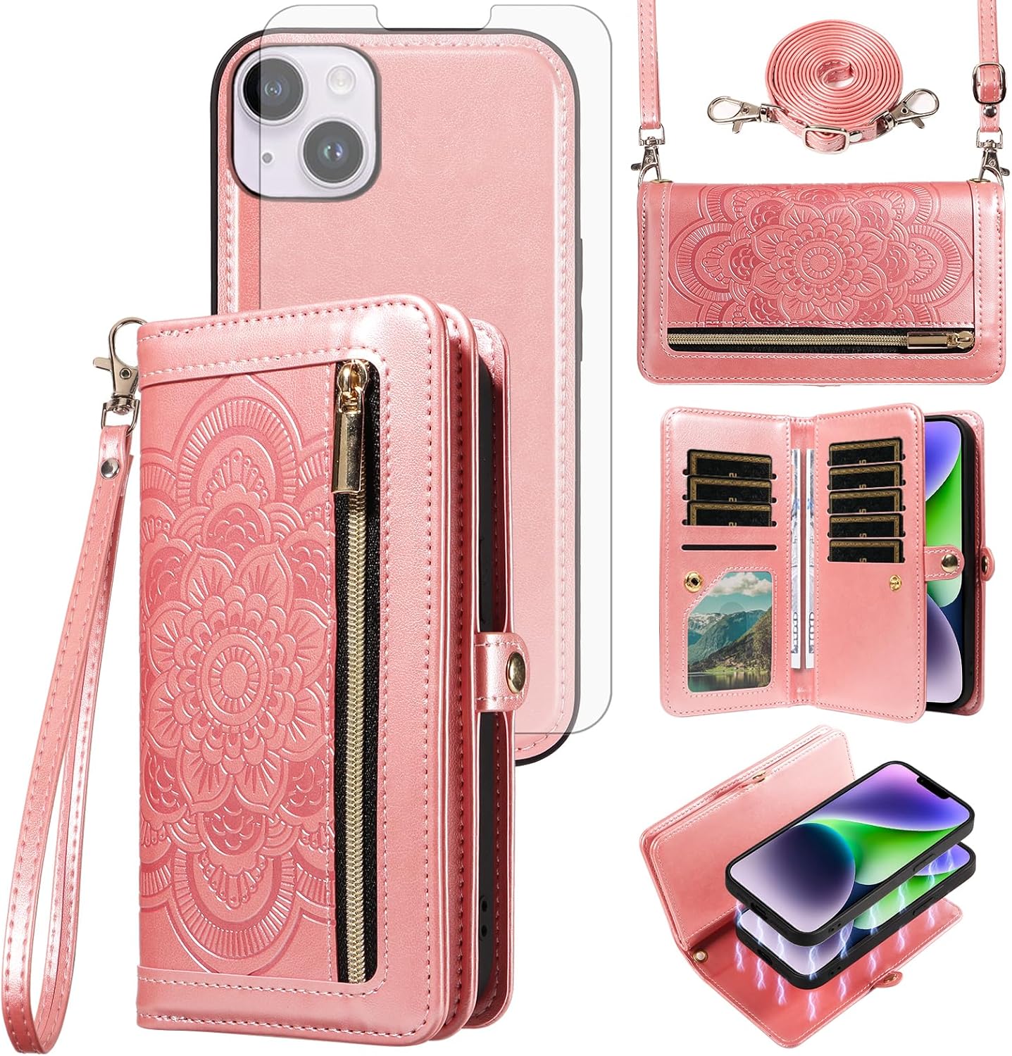 Asuwish Phone Case for iPhone 14 Plus 6.7 inch Zipper Wallet Detachable Cell Cover with Screen Protector Strap Flower Card Holder i-Phone 14+ iPhone14Plus 5G i i14 + iPhone14 14Plus Women Rose Gold