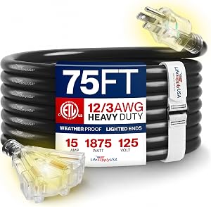 75ft Outdoor/Indoor Extension Cord 3-Outlet 12/3 Gauge Extra Heavy Duty ETL Listed, 3 Prong SJTW, Waterproof, Flexible Cold-Resistant Long Power Cord,15A 125V 1875W, Black by LifeSupplyUSA