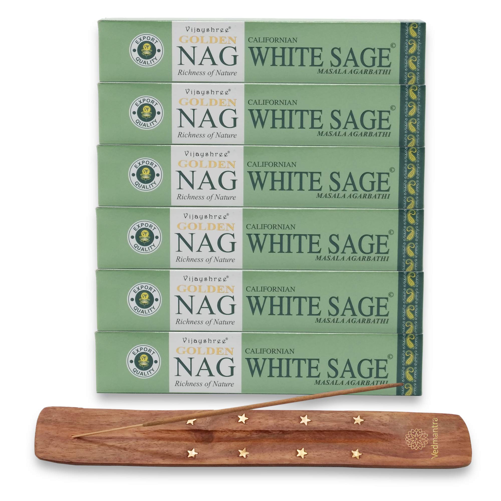 Vijayshree Set of Premium Masala Incense Sticks - 6 Packs + Vedmantra Incense Stick Holder - Full Range of Fragrance to Choose from (Nag White Sage)