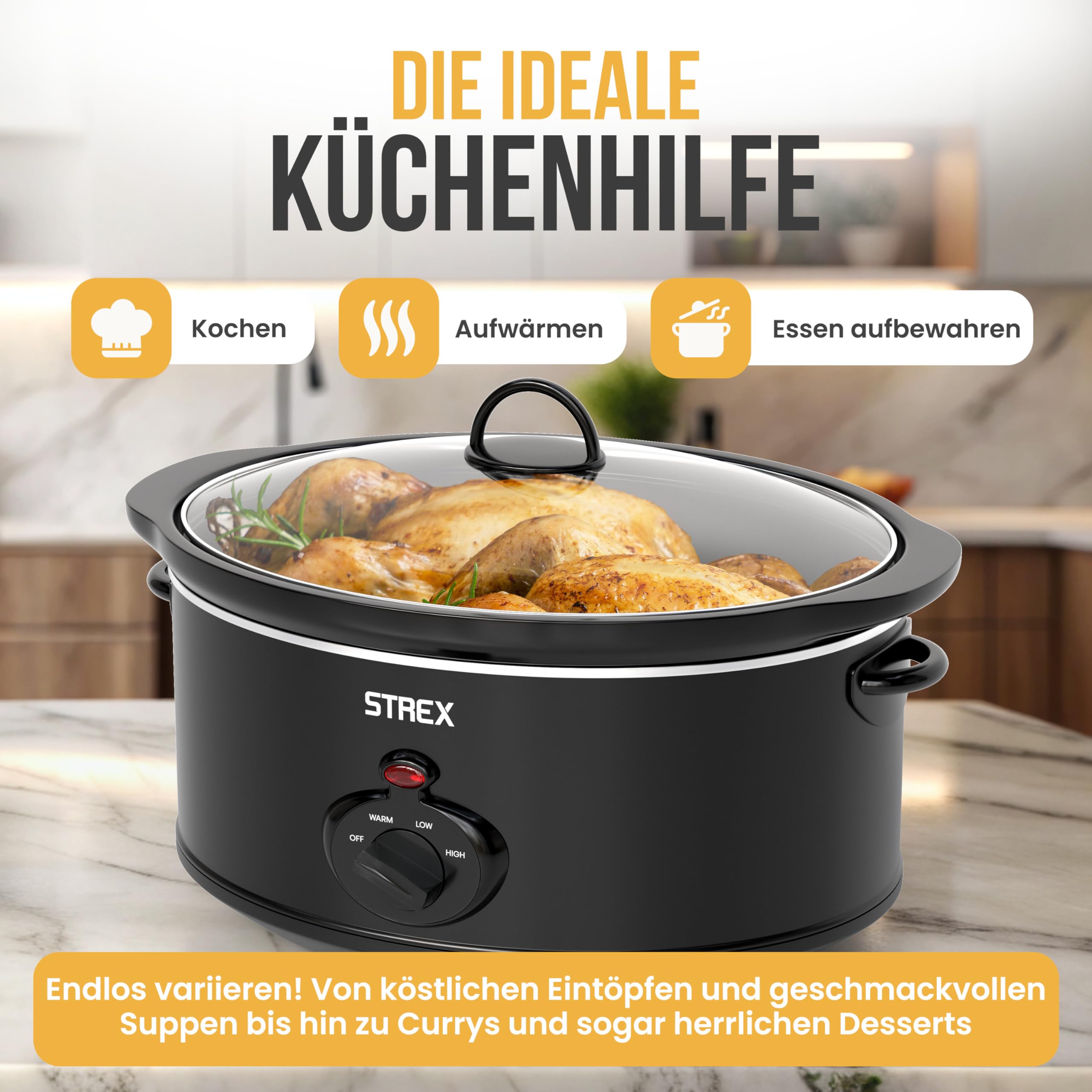 Strex Schongarer Slowcooker 6.5L - Herausnehmbarer Keramik-Innenbehälter - Warmhaltefunktion - Slow Cooker - Schwarz