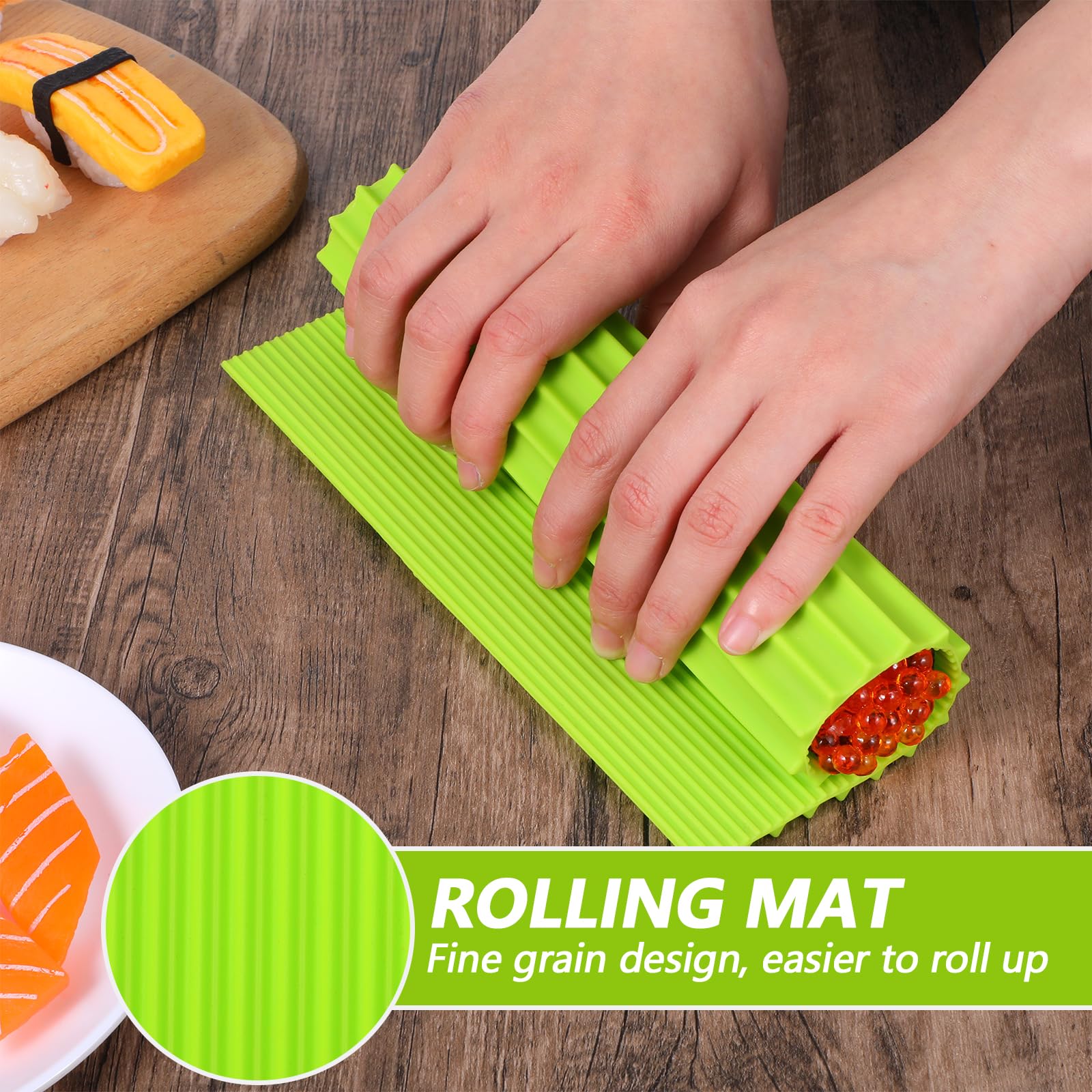 Kit de fabricación de sushi, tapete rodante de sushi de silicona prémium para bricolaje casero, principiantes, tapete antiadherente reutilizable para niños, cocina de 8.6 x 7.8 pulgadas (verde) 4