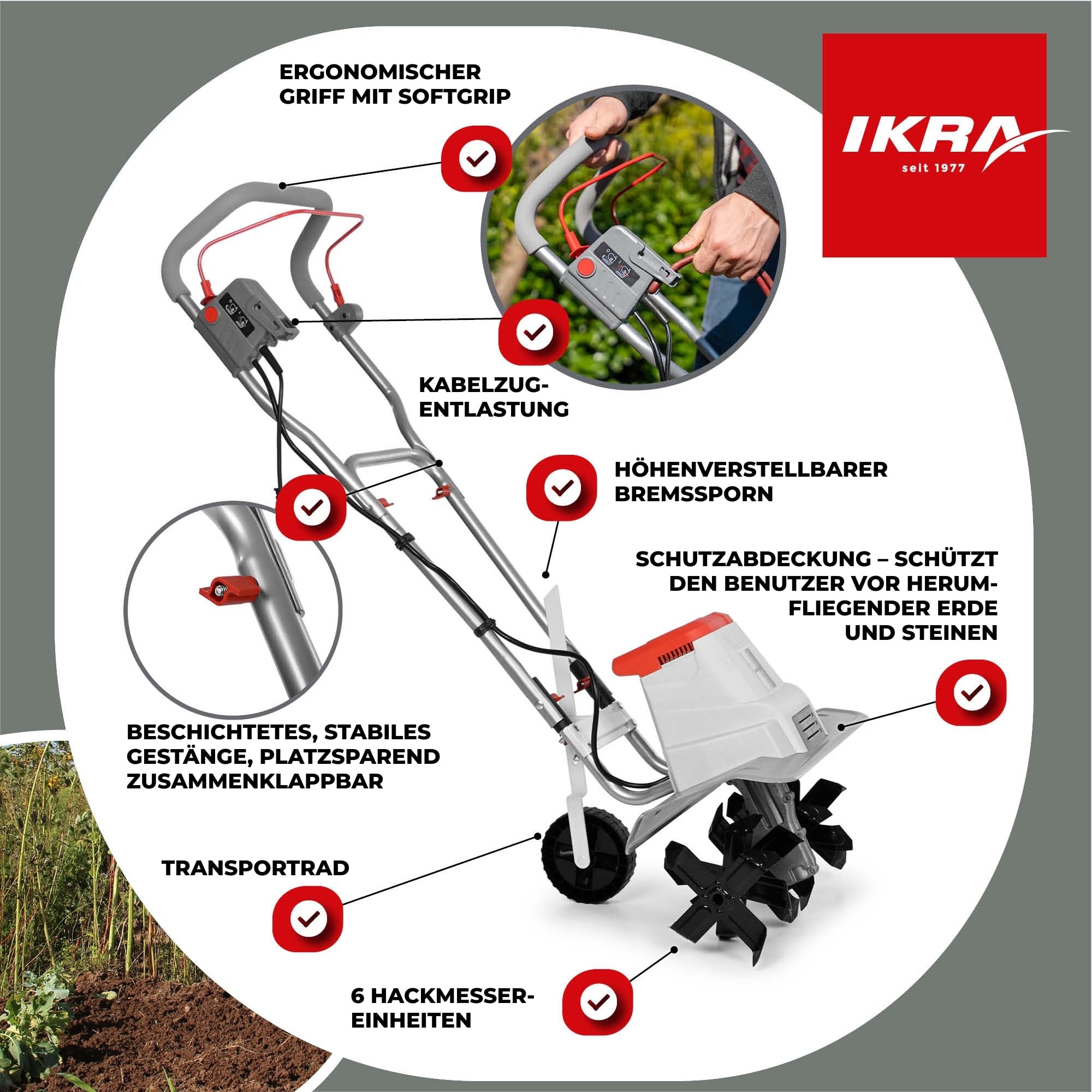 IKRA Elektro Bodenhacke IEM 1500, Flexible Arbeitsbreite 32 & 45cm | Boden lockern und Saatbett vorbereiten, 1500W, Arbeitstiefe 20cm, Bremssporn, Transportrad, zusammenklappbar, Überlastschutz