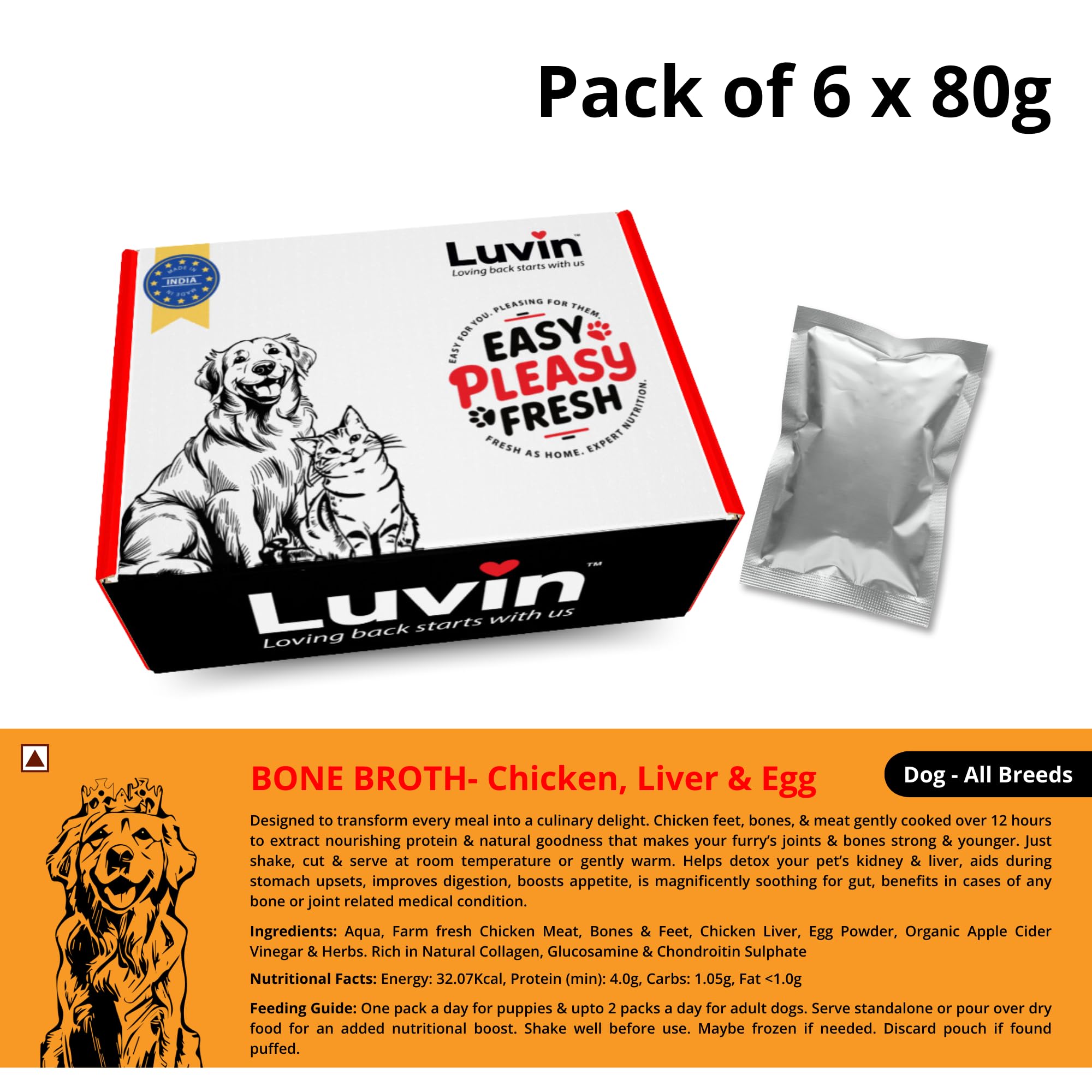 Luvin Chicken Bone Broth for Dogs - 80ml (Pack of 6) | No Added Colors, Flavors or Preservatives | Human Grade | Dog Wet Food Topper