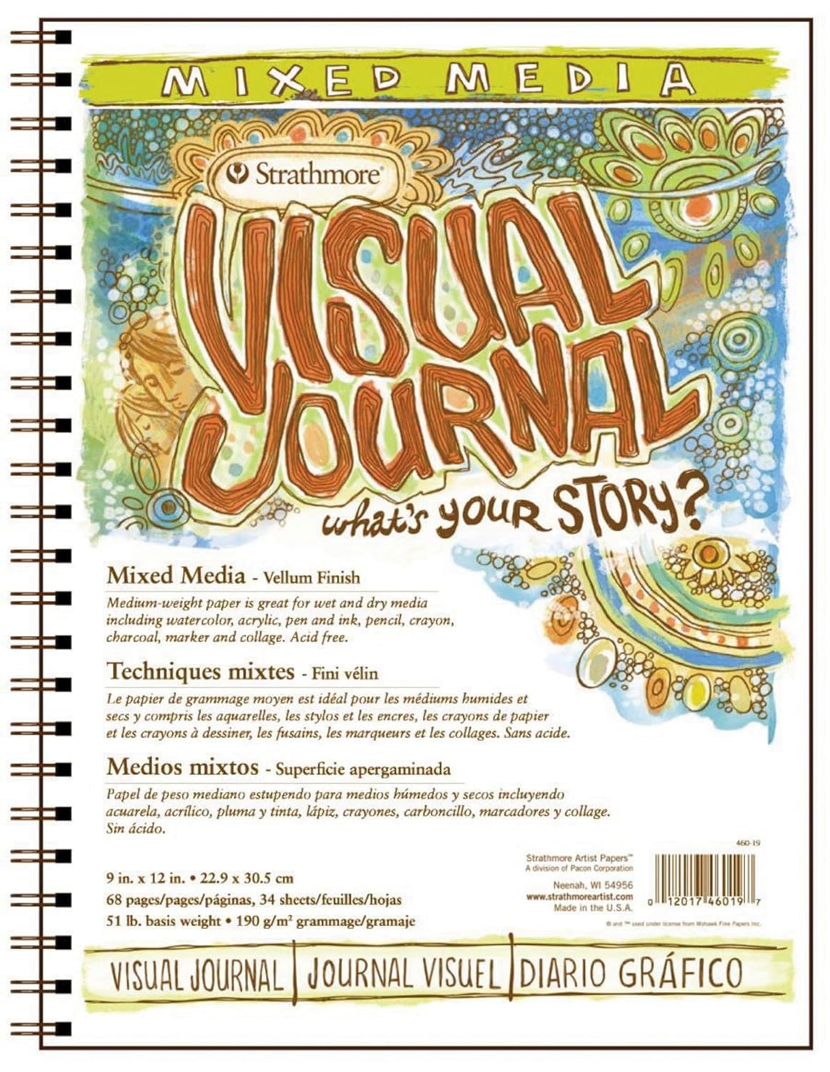 Strathmore Spiral Binding Acid-Free Heavy Weight High Performing Mixed Media Visual Journal Pad, 90 lb, 9 X 12 in, 34 Sheets