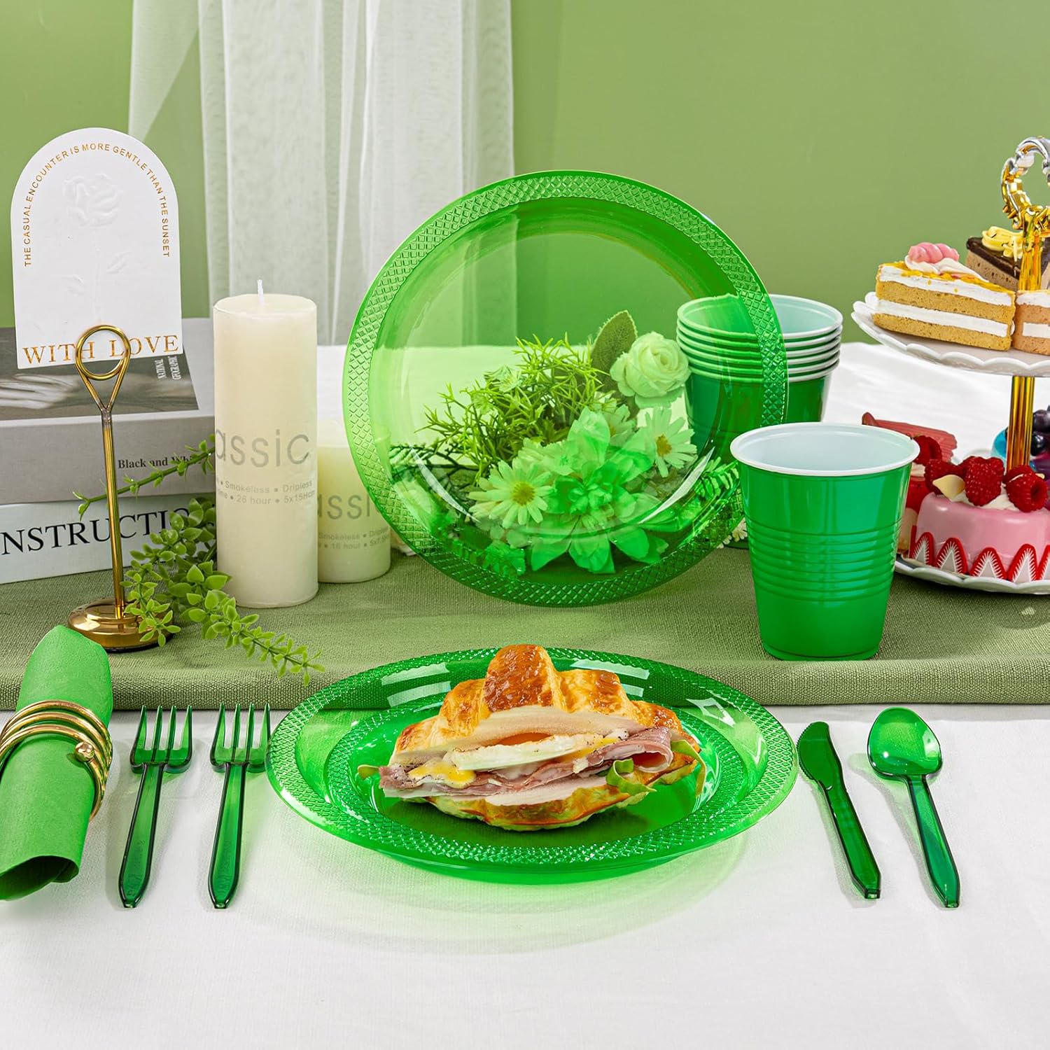 WELLIFE 210Pcs Green Plastic Plates,Clear and Green Plates Set,Party Supplies Including Plastic plates, 12OZ Cups, Disposable Cutlery and Paper Napkins Serve 30 Guests - Image 5
