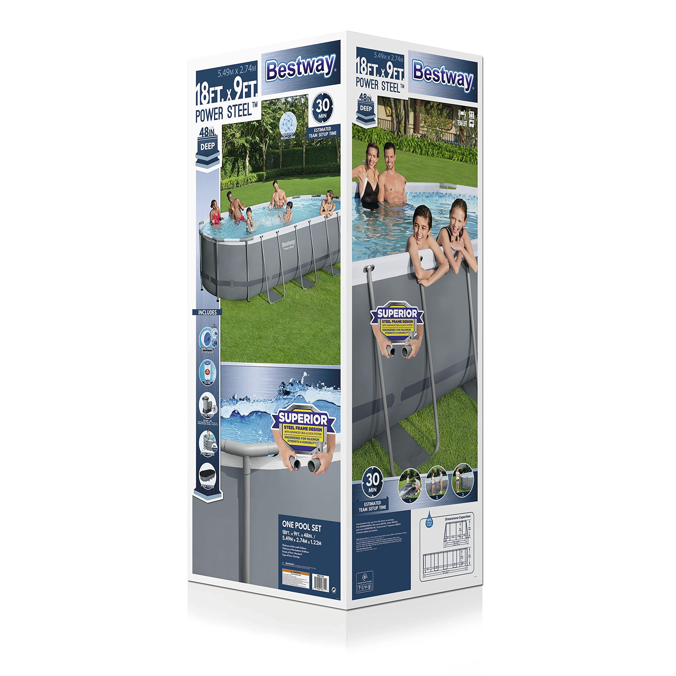 Bestway 56711E Power Steel 18' x 9' x 48" Outdoor Oval Frame Above Ground Swimming Pool Set with