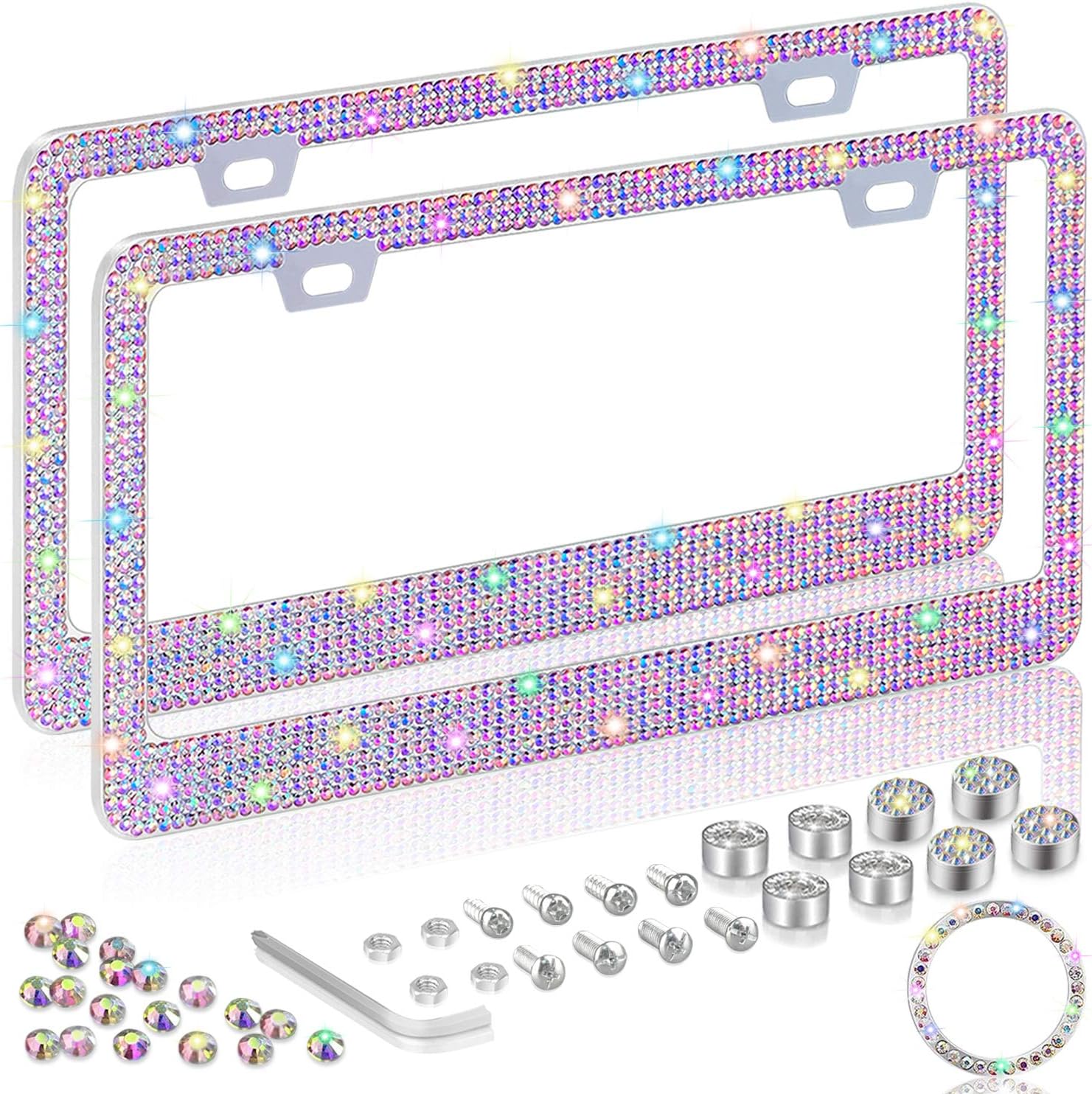 ONCHA Bling Rhinestone License Plate Frame for Women, Luxury Stainless Steel Sparkly Glitter Licence Plate Frames for Front Back License-Multicolor