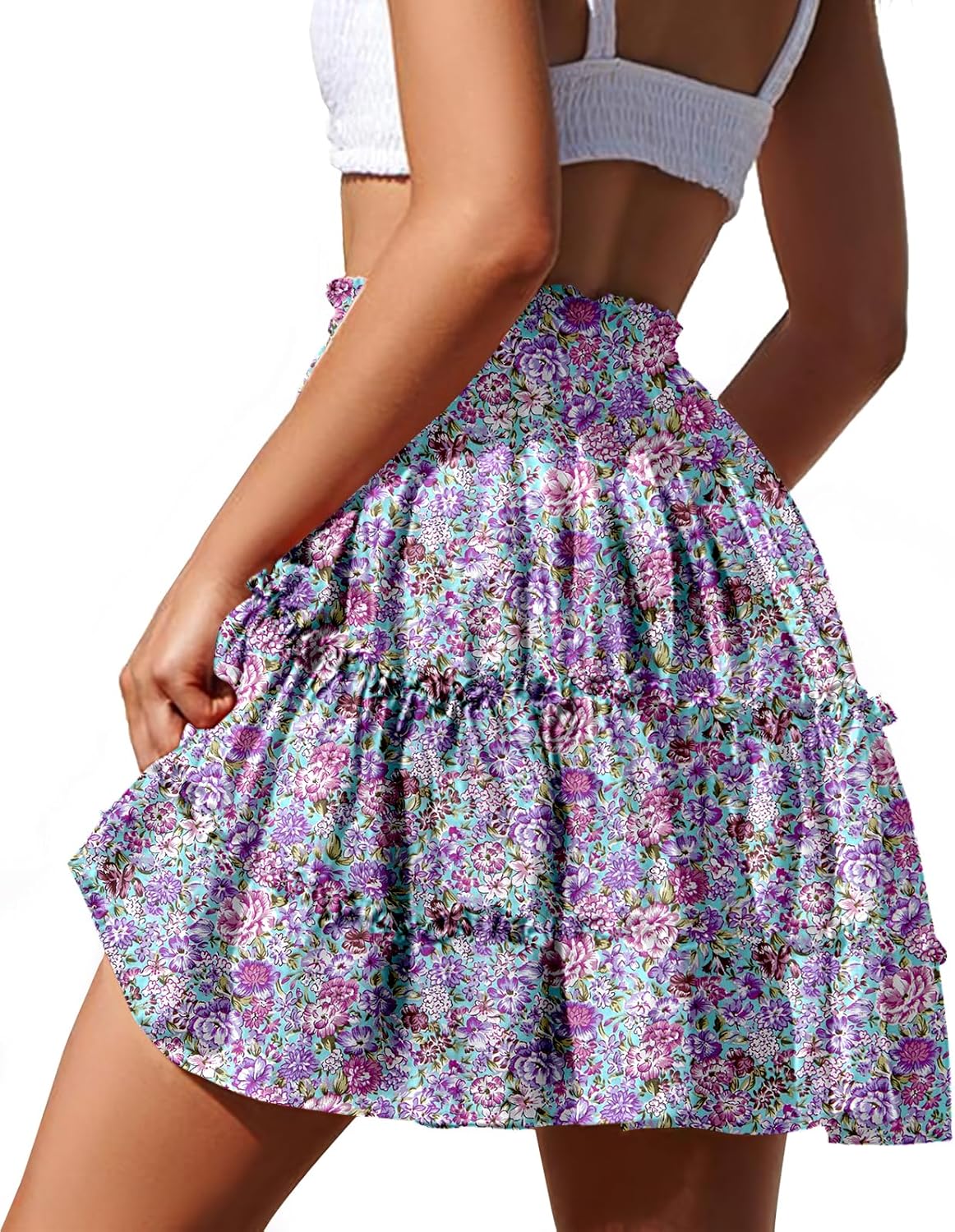 NASHALYLY Women's Summer Boho Floral Print Mini Skirt High Waist Drawstring Tiered Skirts - Image 2