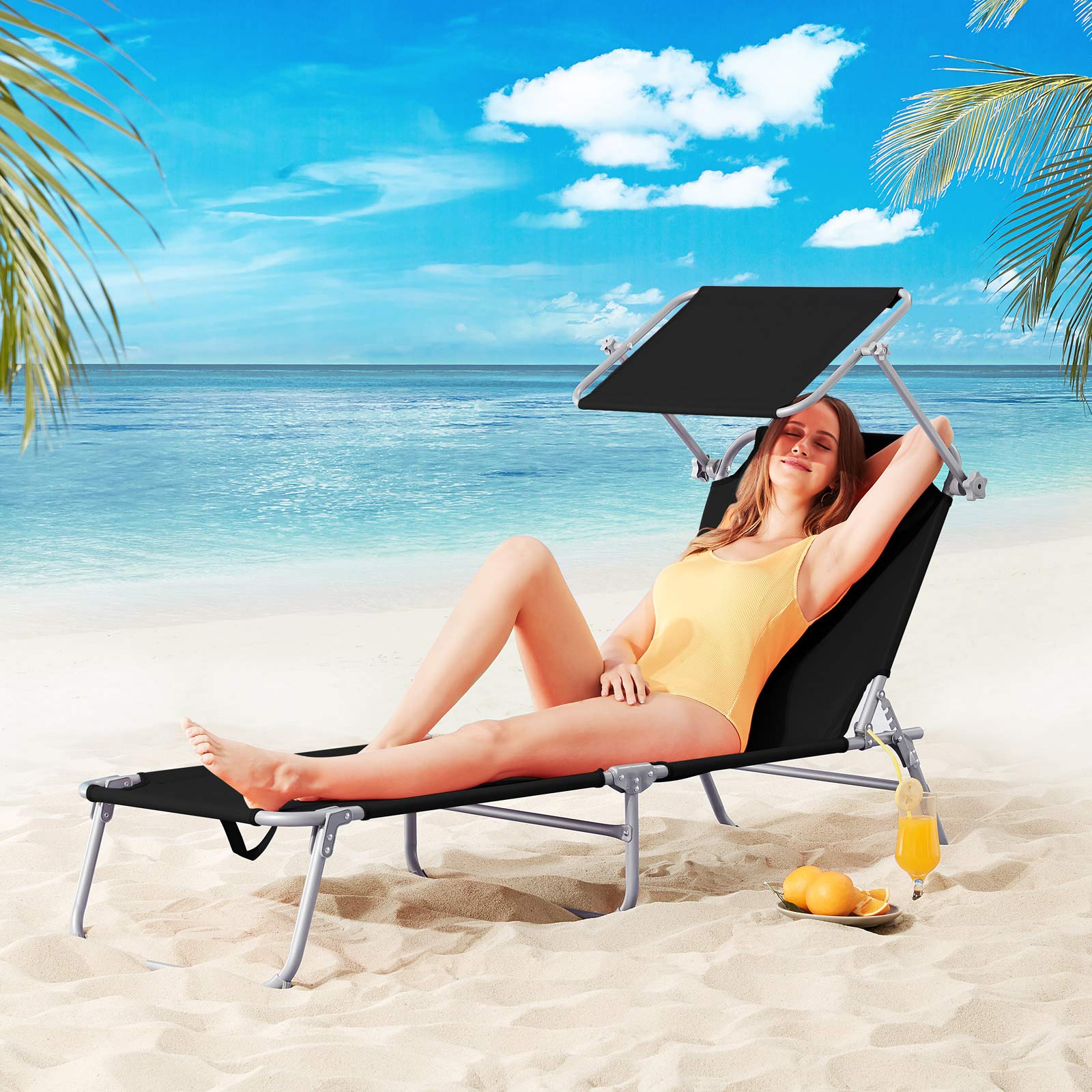Casaria Sonnenliege klappbar mit Sonnendach wetterfest Grau | Aluminium, 190x60 cm, 130 kg Belastbar, tragbar, Garten, Pool, belastbar, Liegestuhl, Klappliege