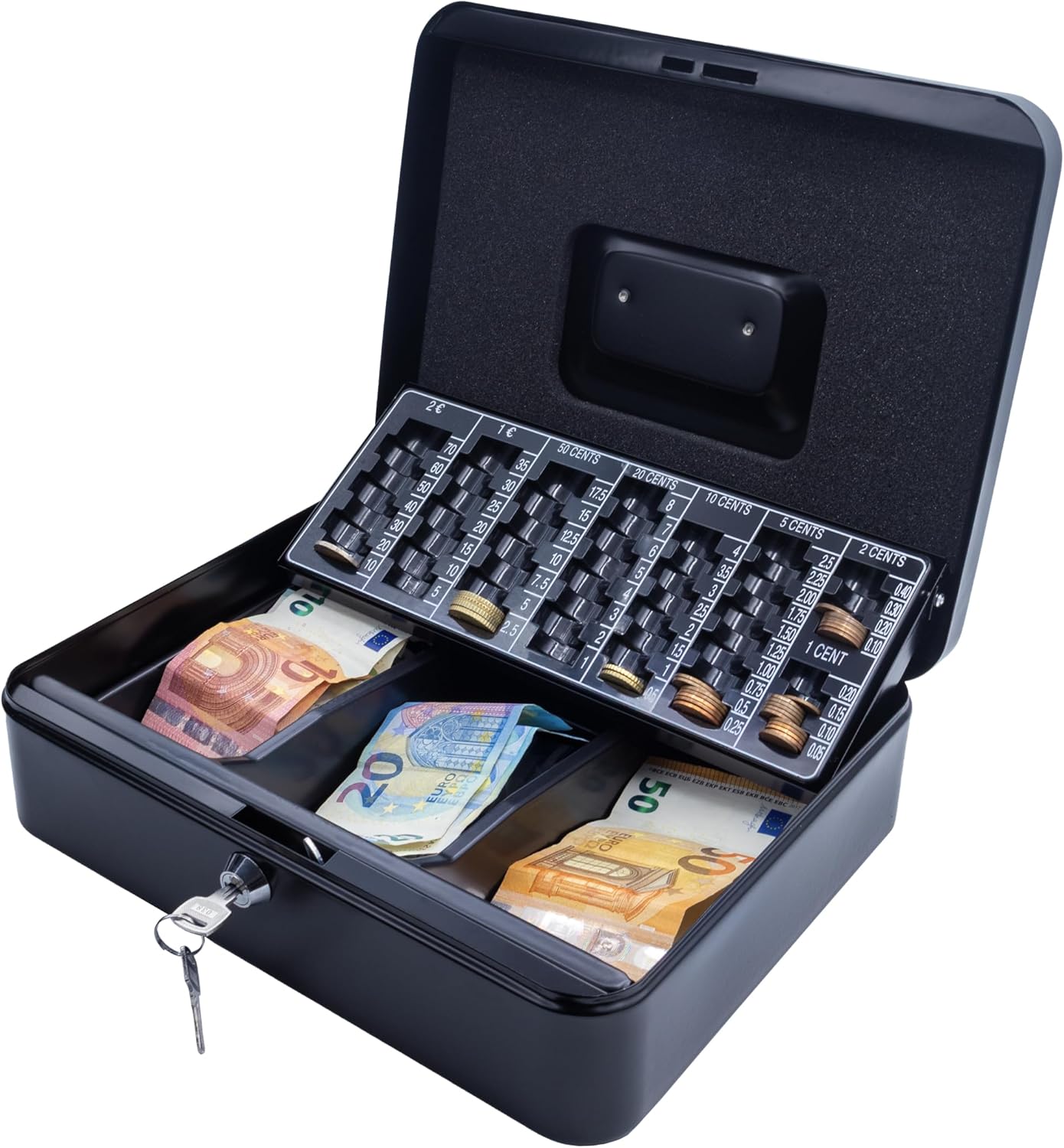 iggual Cash Box with 2 Keys for Counting and Carrying Money, Portable Cash Box with Coin and Bill Organizer Tray, Black