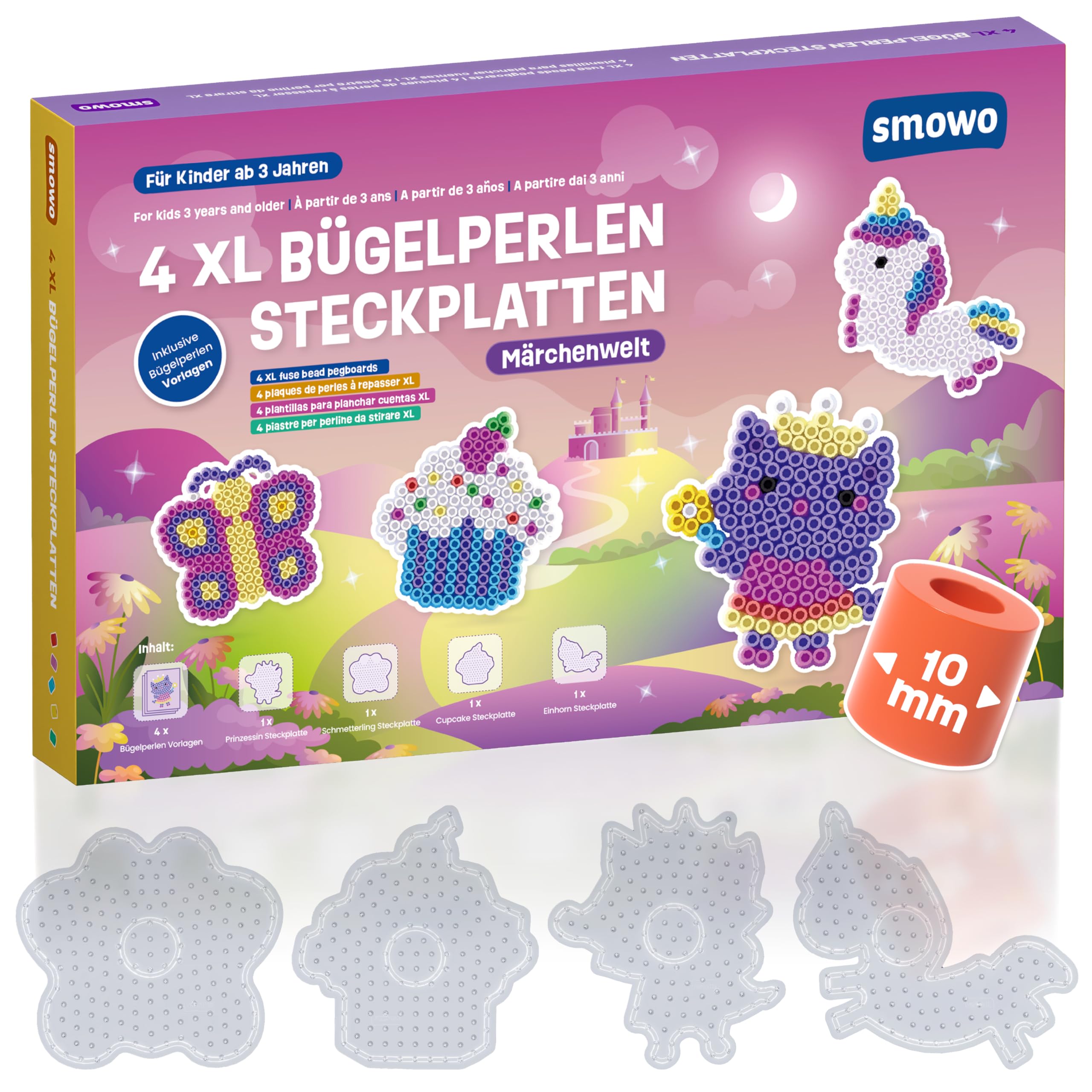 Smowo® 10mm Bügelperlen Steckplatten Märchenwelt - Set mit 4 Platten und Vorlagen - Einhorn, Prinzessin, Schmetterling, Cupcake - Große Maxi Stiftplatten für Kinder ab 3 Jahren
