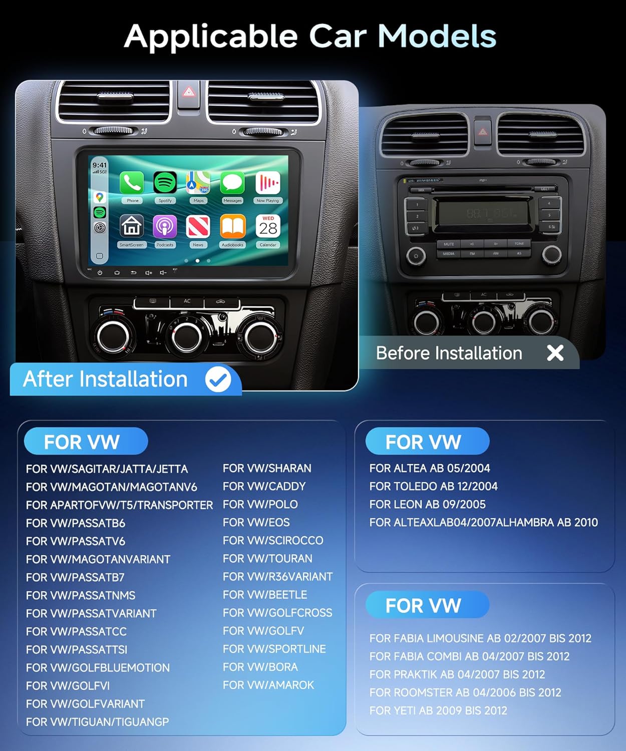 Rimoody 9‘’ Android Car Stereo for VW Passat Jetta Tiguan Golf MK5 MK6 T5 EOS Polo Touran Seat Sharan, 4G+64G Touchscreen Radio Wireless CarPlay Android Auto, GPS BT-5.0 FM 5G-WiFi 32EQ Backup Camera