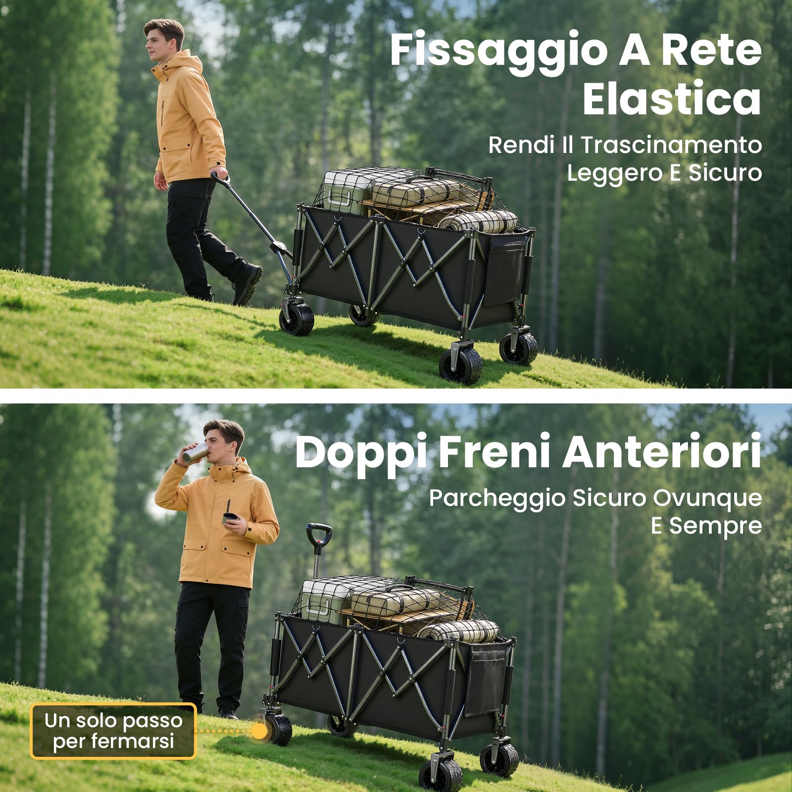 YEAUPE PRO Carrello Spiaggia Pieghevole XXXL – Doppi freni, doppia forcella rinforzata, ruote grandi, manico regolabile, rete elastica inclusa, carrello con ruote portatutto – 250kg/260L, Nero