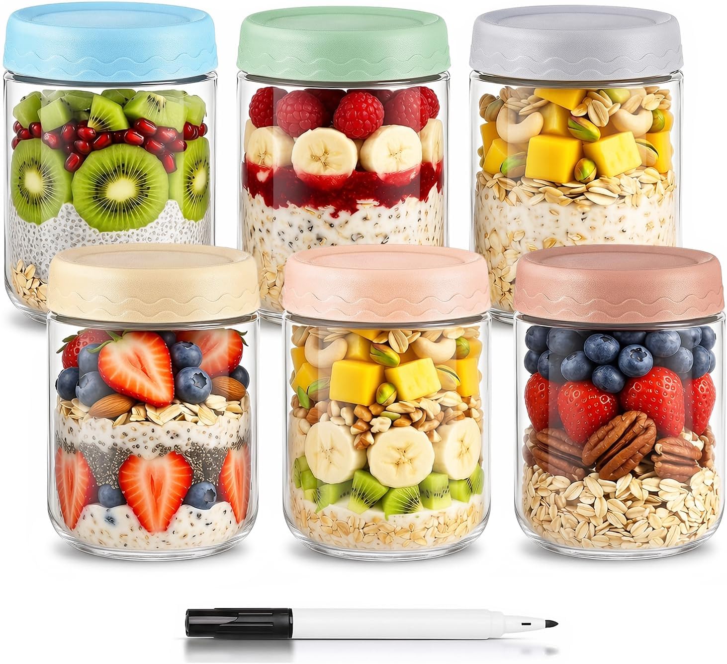 DRKIO 16 Oz Glass Overnight Oats Containers with Lids Chia Pudding Jars | 6 Pack Mason Jars, Wide-Mouth, Leak-proof, Stackable, Ideal for Store and Meal Prep Yogurt, Cereals, Snack, Spice, Sugar