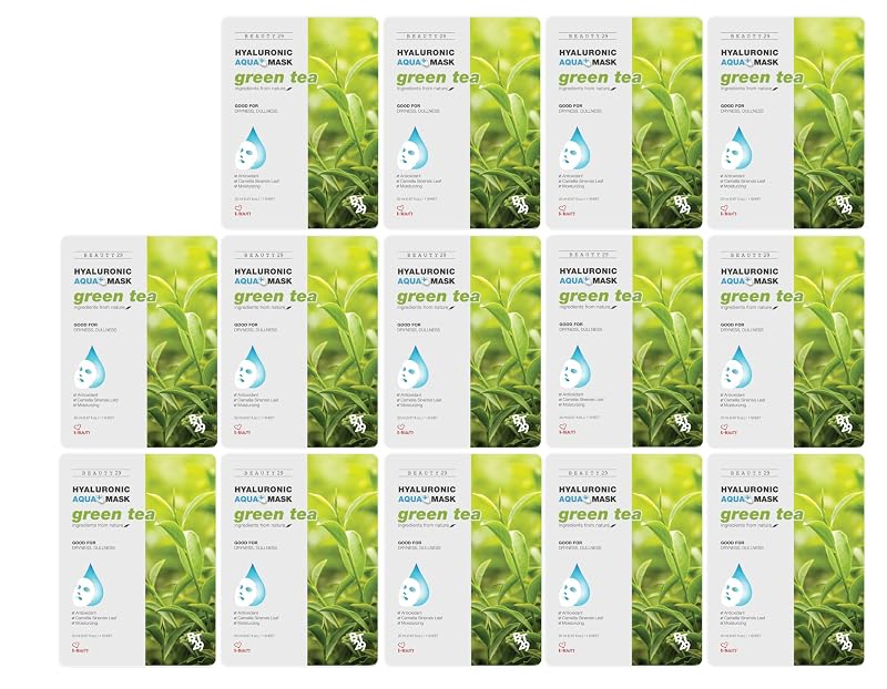 Máscara facial de tecido Hyaluronic Aqua Plus BEAUTY29 com chá verde – Pacote com 14 unidades