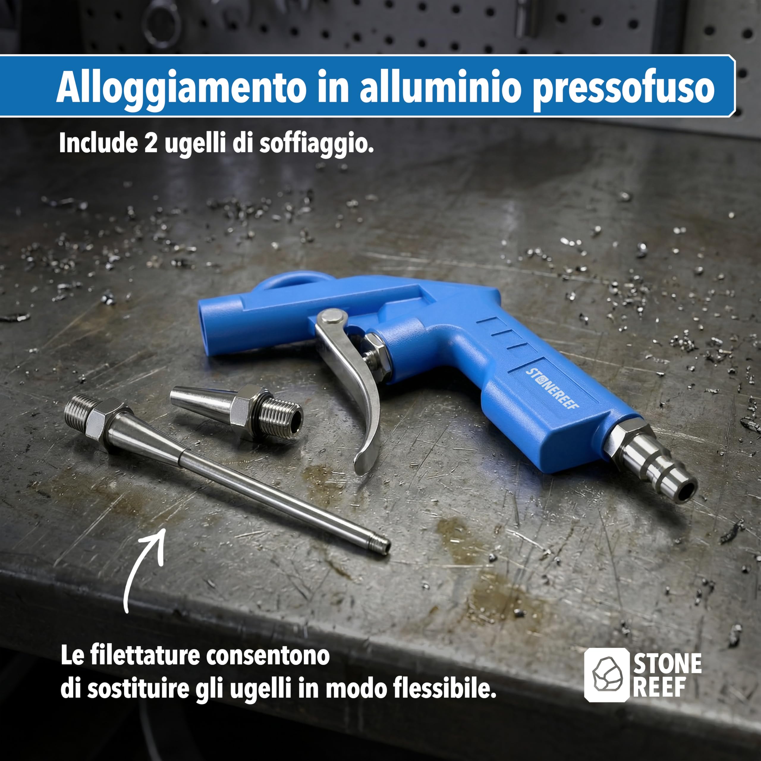 Pistola di scarico ad aria compressa – alloggiamento in alluminio, 12 bar, attacco da 1/4 pollici – pistola a soffiaggio con ugello da 80 mm – per officina, pulizia, compressore, pressione dell'aria e