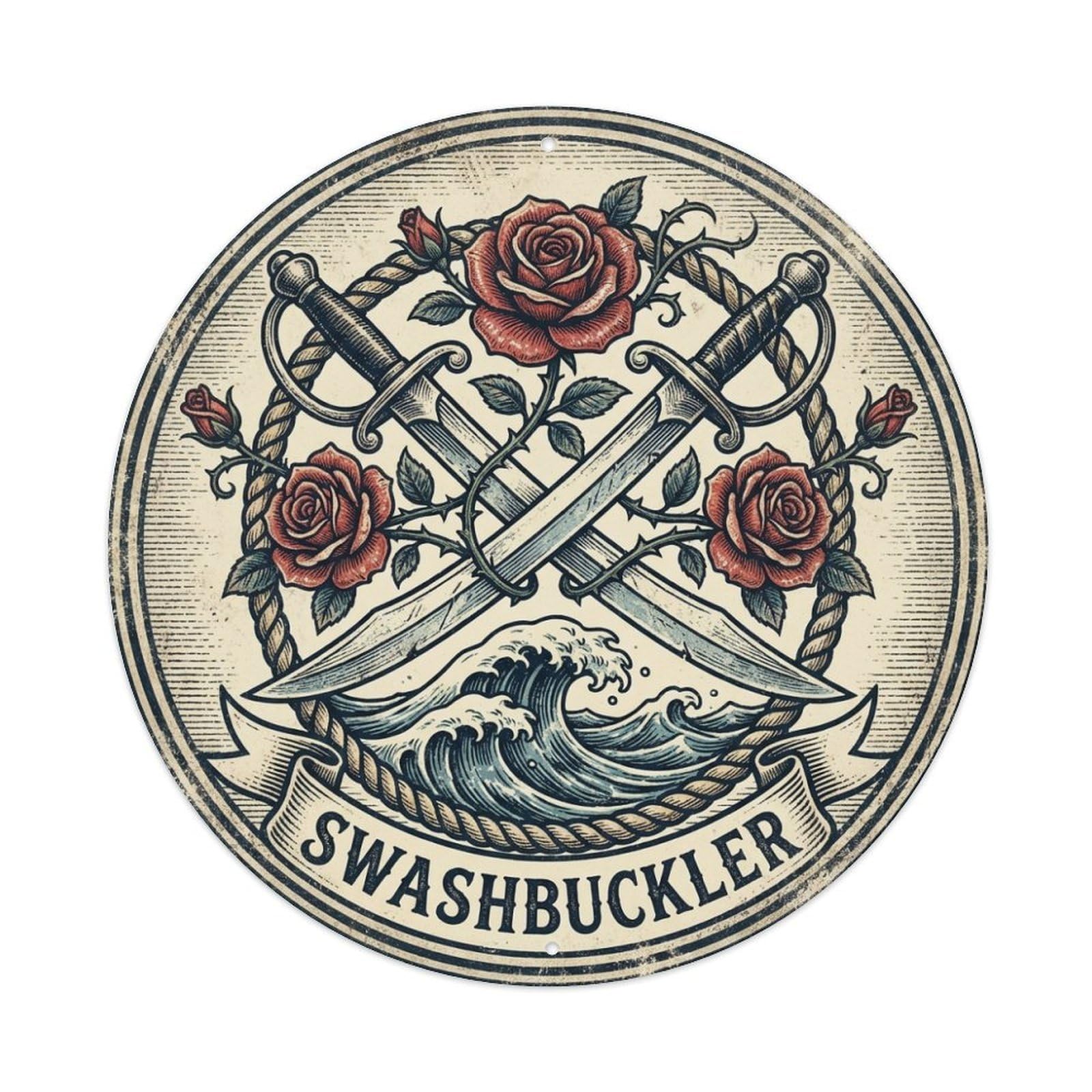 Swashbuckler Cutlasses Roses Rope Pirate Label Metal Tin Sign