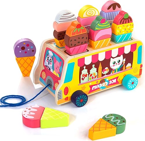 WOODMAM Camión de helado de madera para niños pequeños, 28 piezas de comida y accesorios magnéticos, juguetes Montessori, regalo para niños y niñas