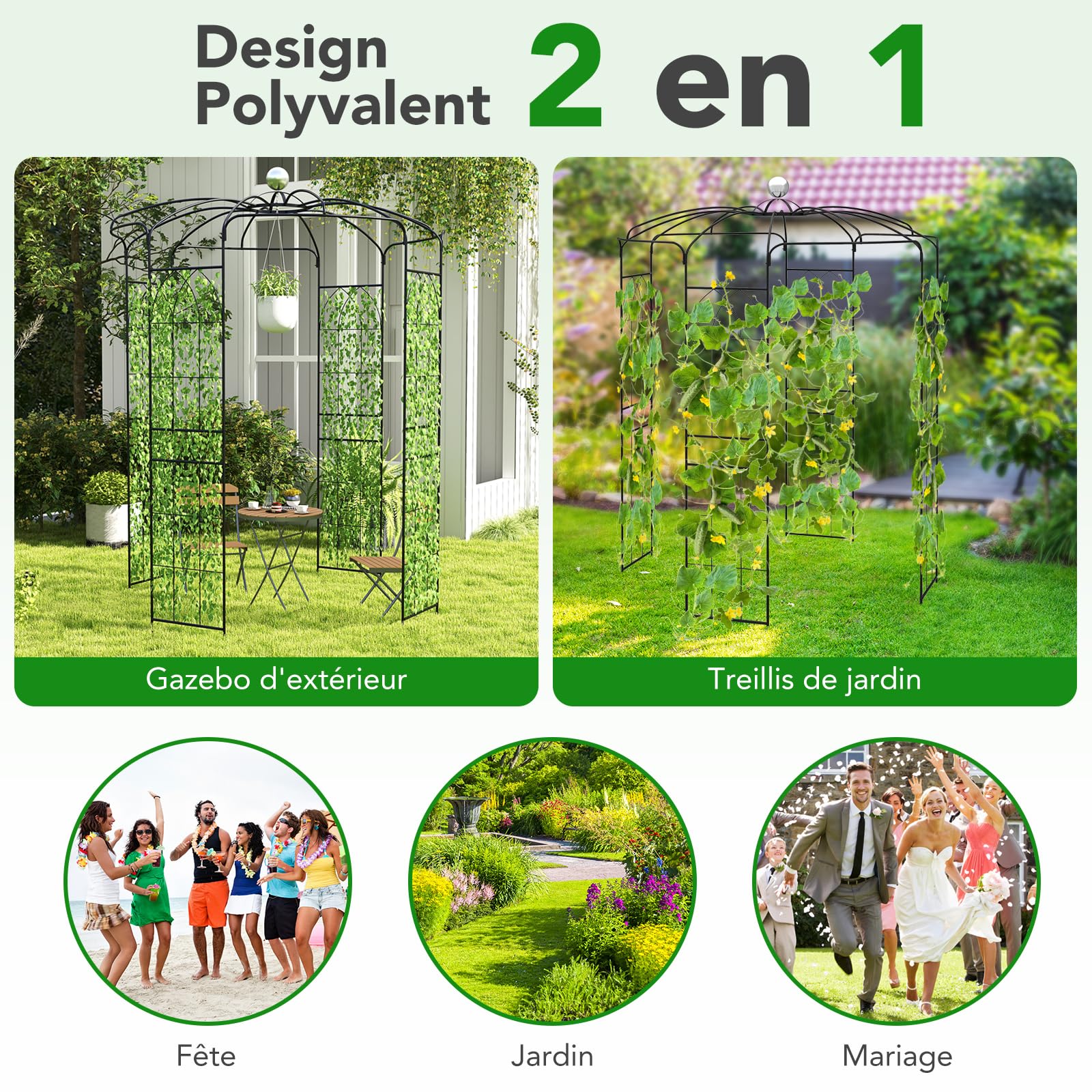 GOPLUS Arche de Jardin Forme de Cage à Oiseaux, Treillis Plantes Grimpantes 286 x φ 206 cm, Crochet de Suspension, Arche Rosier Décoration de Fête, Cérémonie de Mariage, Charge 10KG Noir