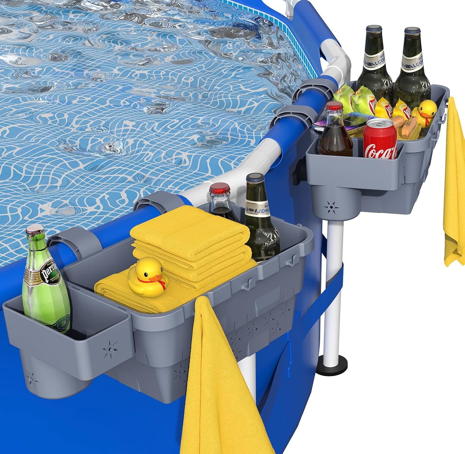 VICHTOP Poolside Storage Basket Pool Accessories for Above Pools Swimming Pool Basket With Cup Holder, Mesh Bag and Support Bar, Above Ground Pool Accessories Pool Toy