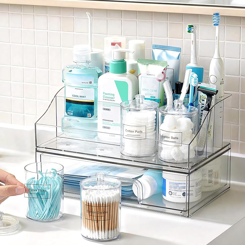 6 PCS Bathroom Countertop Organizer Sets | 1 Divided Tray, 4 Qtip Holder Jars, 1 Drawers, Clear Organizers, For Toothbrush, Cotton Pads, Vanity Accessories