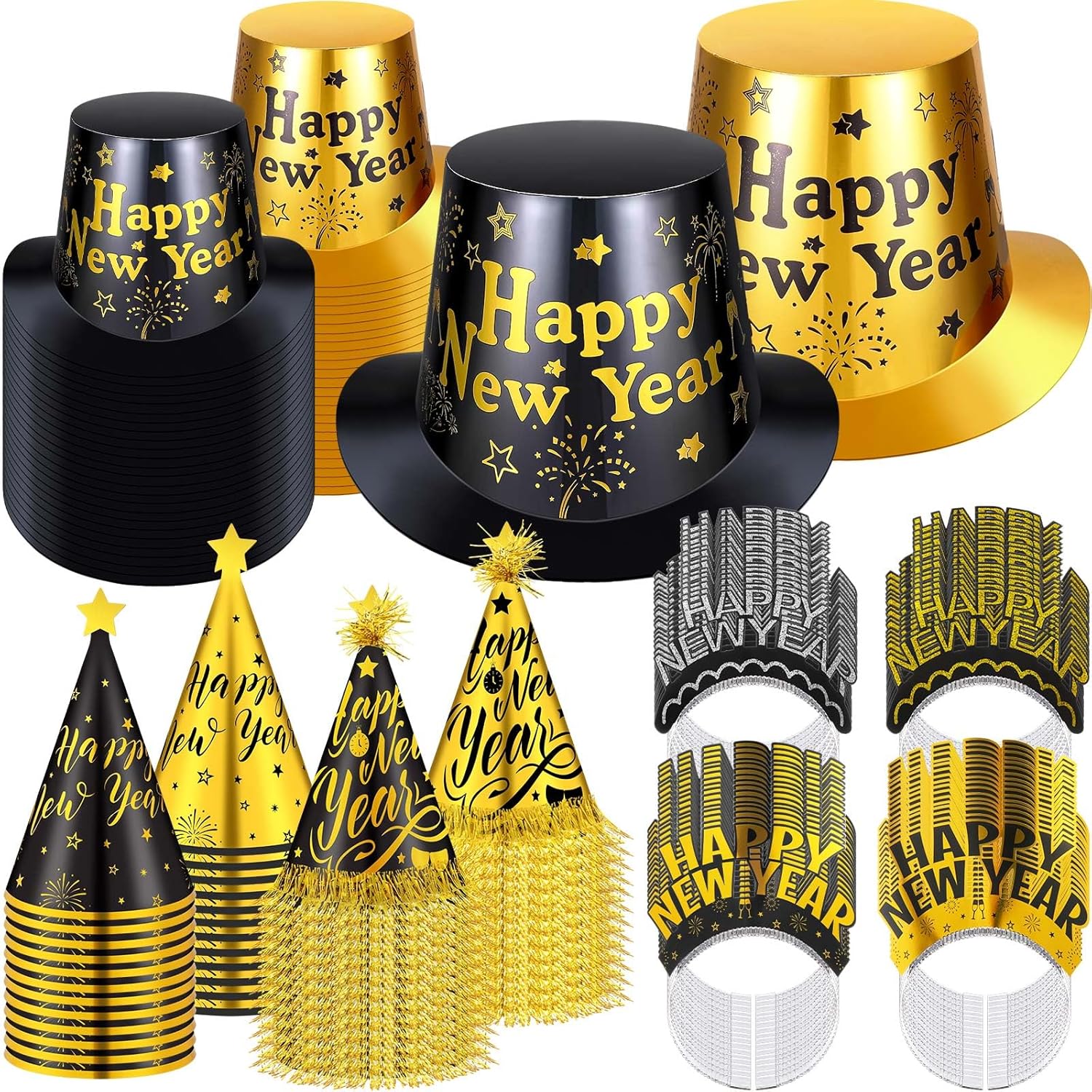 Suhine 144 Pcs 2026 New Years Eve Party Supplies Include 48 Happy Year Headband Hats 48 Eve Hats 48 Party Paper Cone Hat