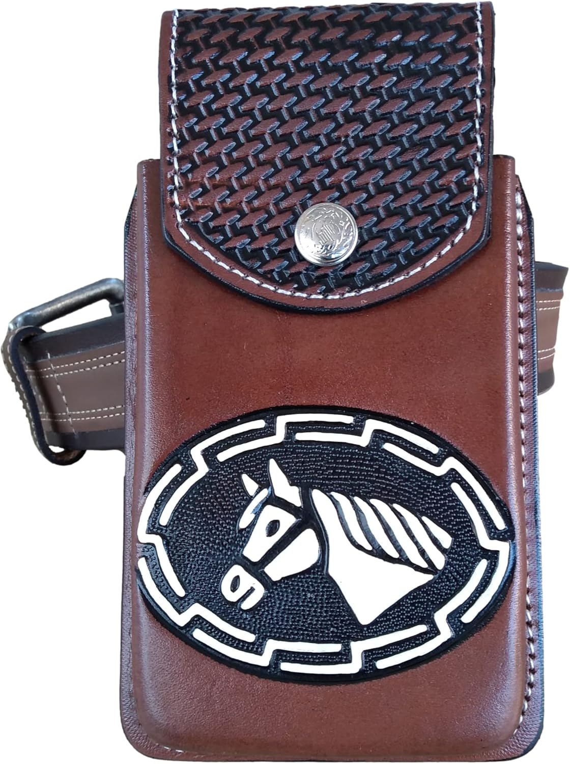 Marquez Western autentic Leather Mexican Cell Phone Holster for Belt with Secure Closure. Hand Painted Horse Design. Universal Size (Brown)