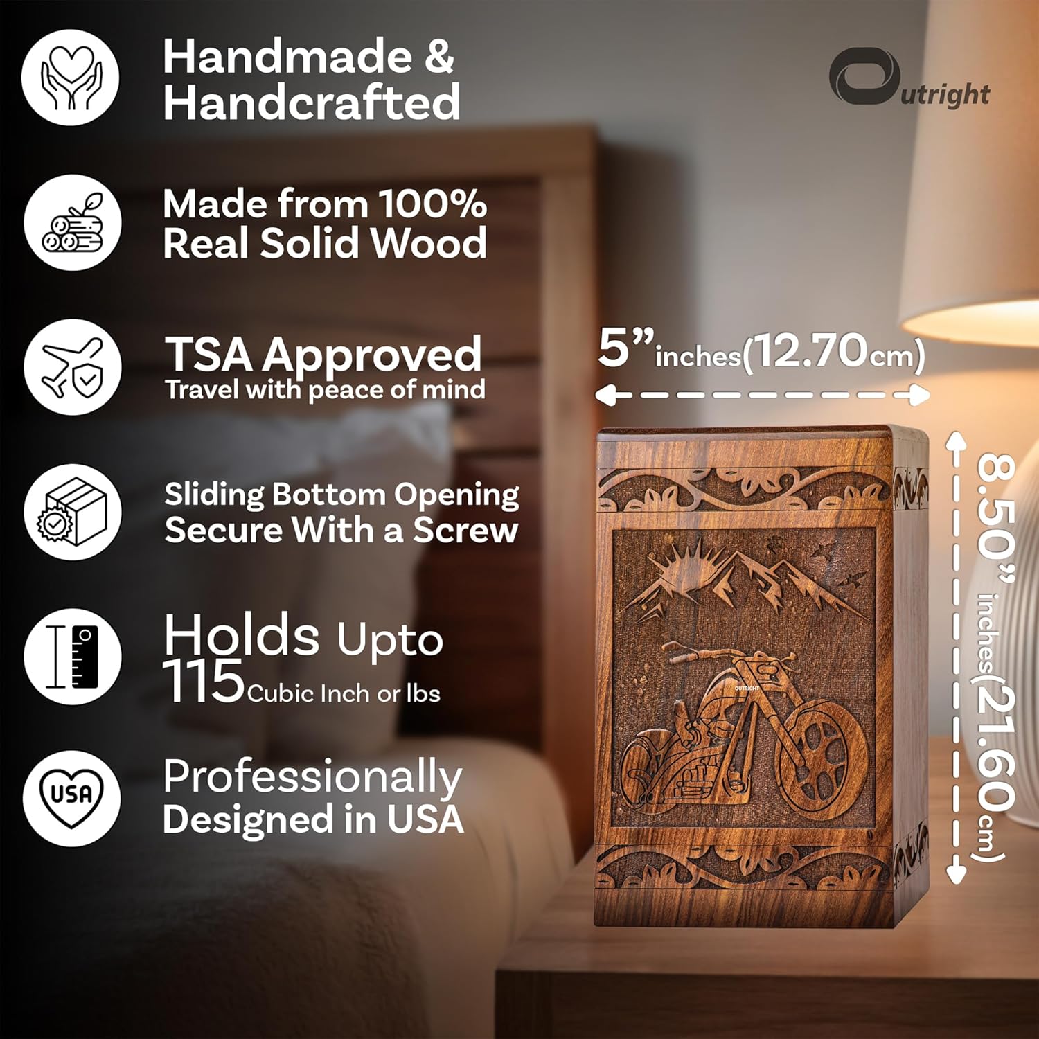 Handcarved Wooden Cremation Urn for Human Ashes - Motorcycle Design, 115lbs Capacity, Suitable for Adult Men and Women - Decorative Funeral Urn Box and Casket - Decorative Wooden Carved Box