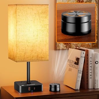 cozoo Bedside Table Lamp, Remote Dimming, USB-C, 2 AC Outlets, Flaxen | Flaxen linen shade; 2.4 GHz remote, touch control, 0%-100% dimming, USB-A/C, 2 AC outlets, 9 W 3000 K bulb