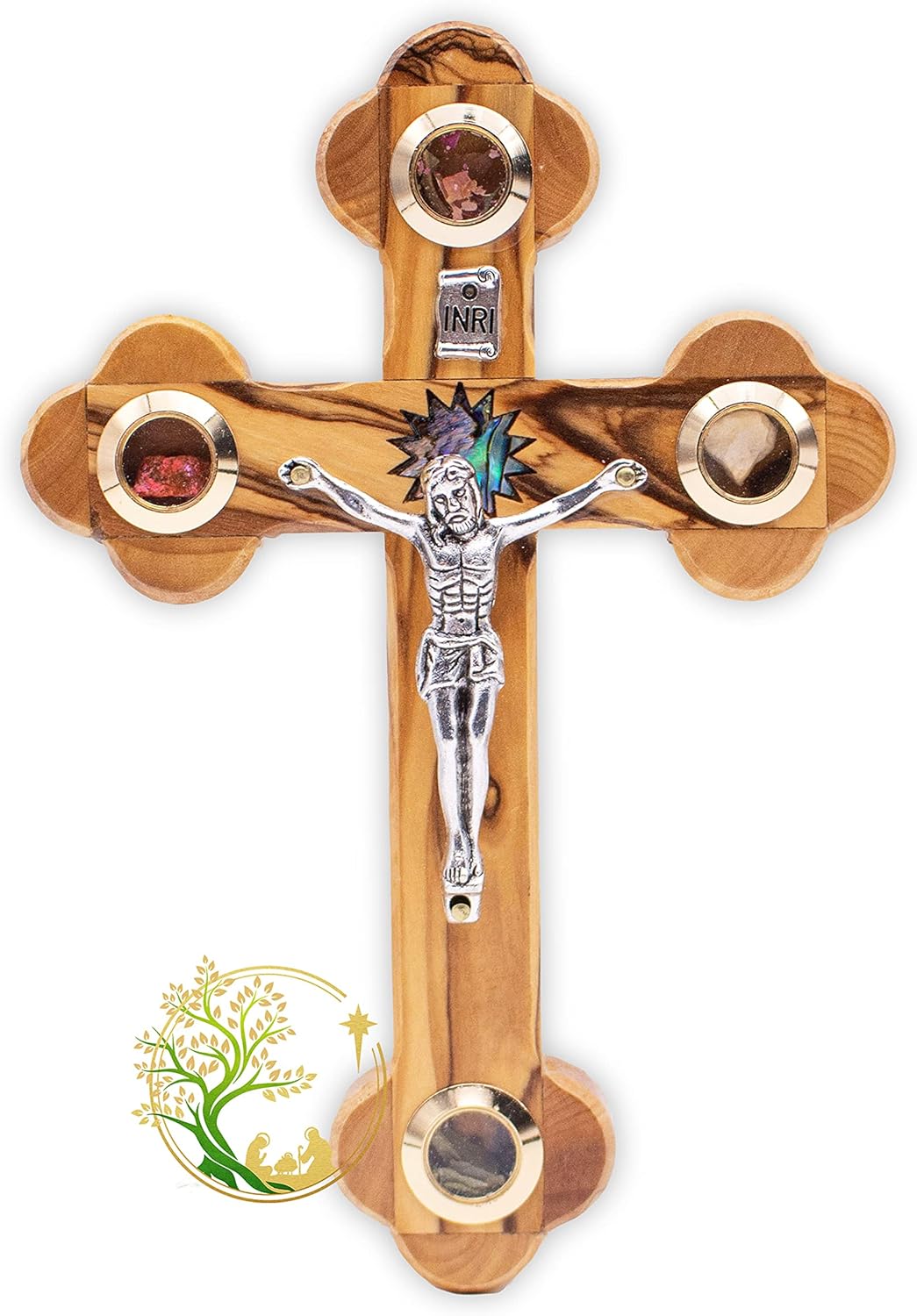 Wall Cross Flowers, Incense, Olive Leaf and Stones/Wooden Cross with Mother of Pearl Bethlehem Star from the Holy Land Made from Olive Wood - Crucfix for Communion, Baptism or Christening Gifts Medium