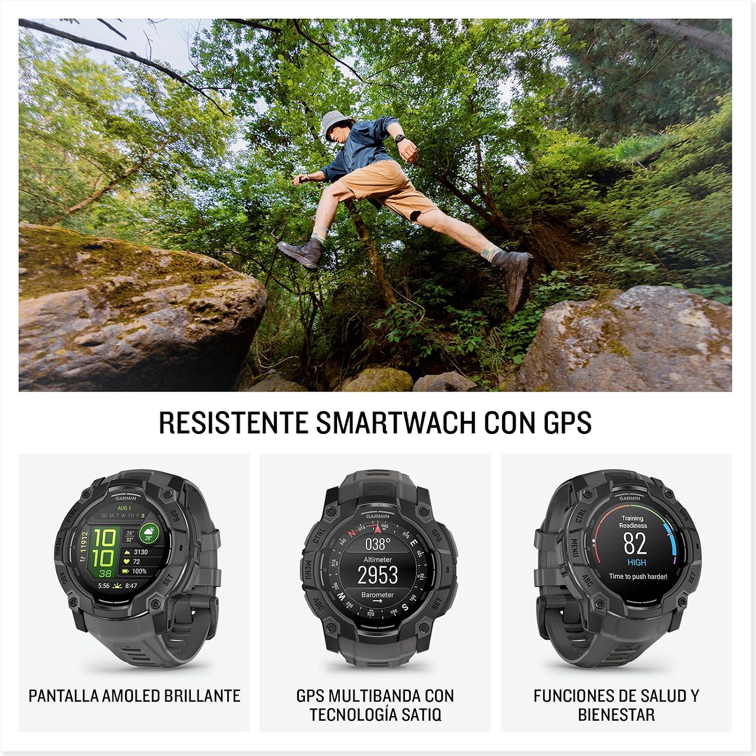 Garmin Instinct 3, Reloj Inteligente con GPS, Pantalla AMOLED de 50 mm, Resistente al Agua, Aplicaciones Deportivas integradas, Monitorización de la Salud, Linterna LED, hasta 24 días autonomía, Negro 3