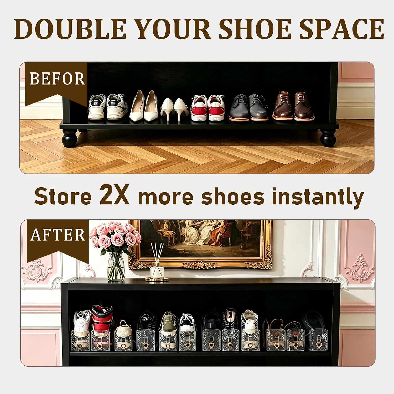 Shoe Stacker 12 Pack, Shoe Slots Organizer for Closet, 3 Levels Adjustable Shoe Space Saver to Save 50% Space, Clear Anti Slip Shoe Rack Organizer Holders for Sneakers, Heels & Sandals