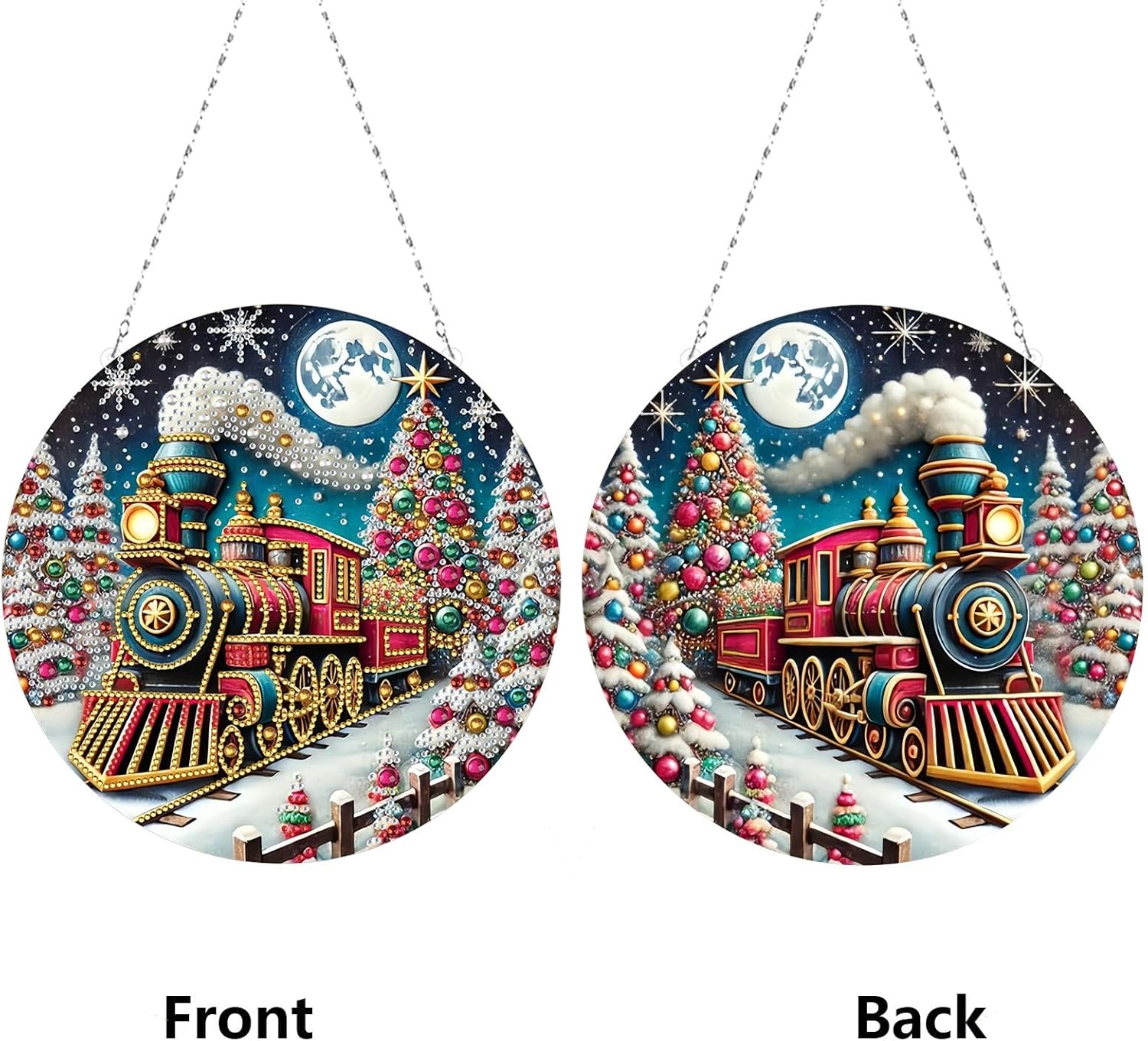 BAYUNOE 2Pcs DIY Hanging Diamond Pendant Double-Sided Pattern Single Diamond Art Painting Ornament Halloween Garland Hang for Window Home Garden Wall Door Decor-Train