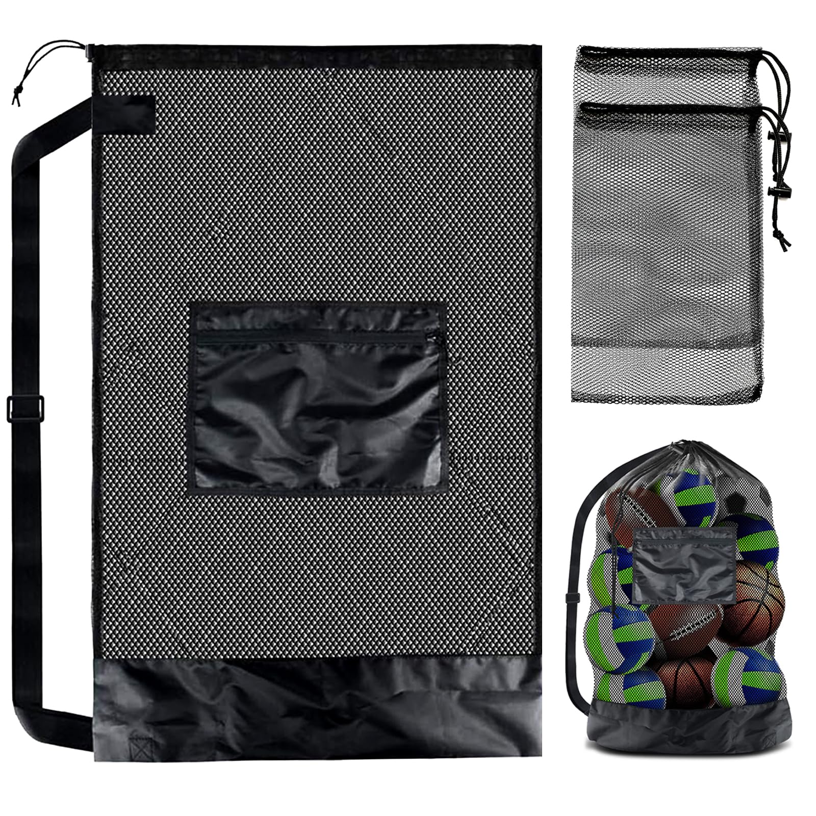 Yauhar 3Pcs 30” x 40” Extra Large Team Work Ball Bags with Adjustable Shoulder Strap and 12" x 7.5" Nylon Mesh Drawstring Bags for Holding Soccer, Basketball, Football, Baseball, Volleyball