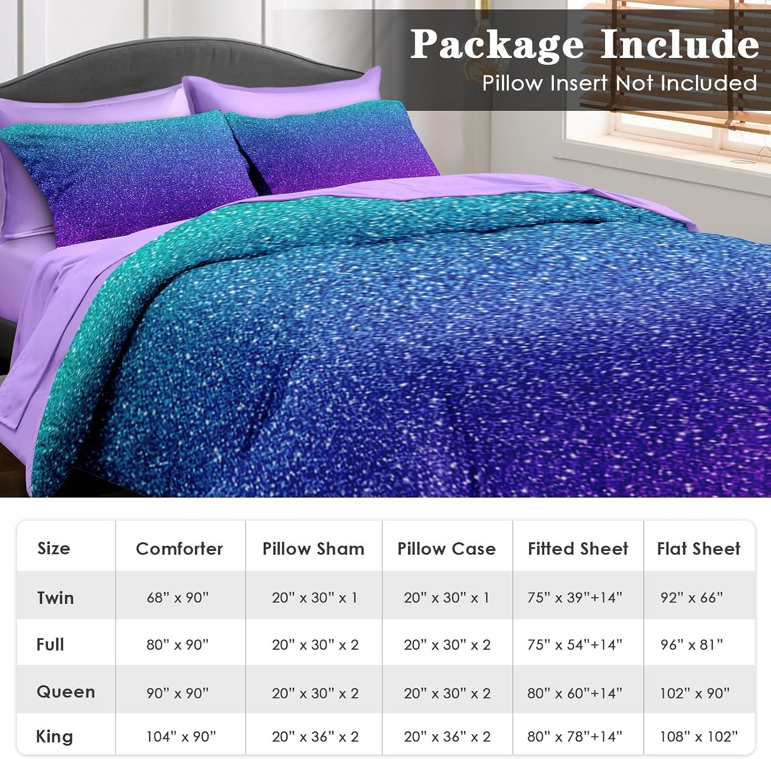 Pamnest Comforter Set Twin Size, Colorful Girls Ombre Purple Glitter 5 Pcs Bedding for Kids and Adults, Neon Blue Teal Bed Sheet Sets with Fitted Sheet Pillowcase & Sham for Bedroom Bed Decor