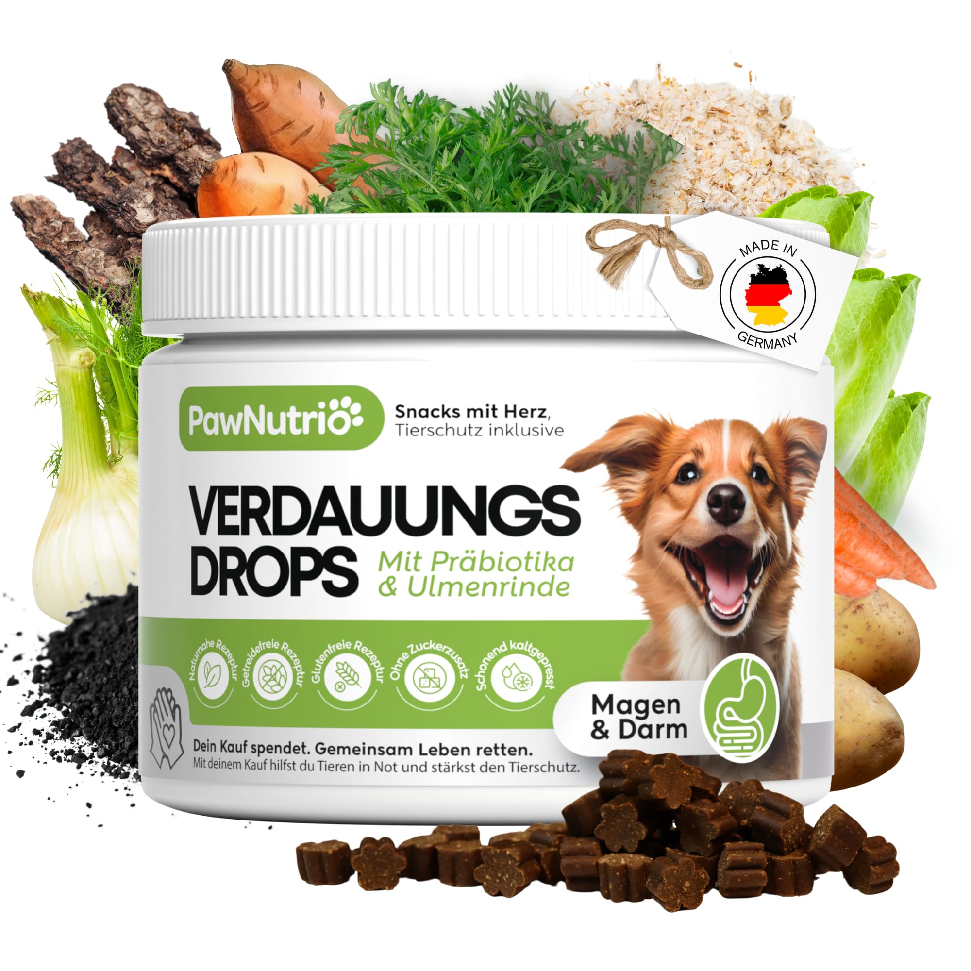 PawNutrio Verdauungs-Drops für Hunde mit Ulmenrinde – Gegen Gras- & Kotfressen, Durchfall & Sodbrennen – Darmflora – Mit Präbiotika, Monoprotein, hypoallergen 100% natürlich – 120 STK