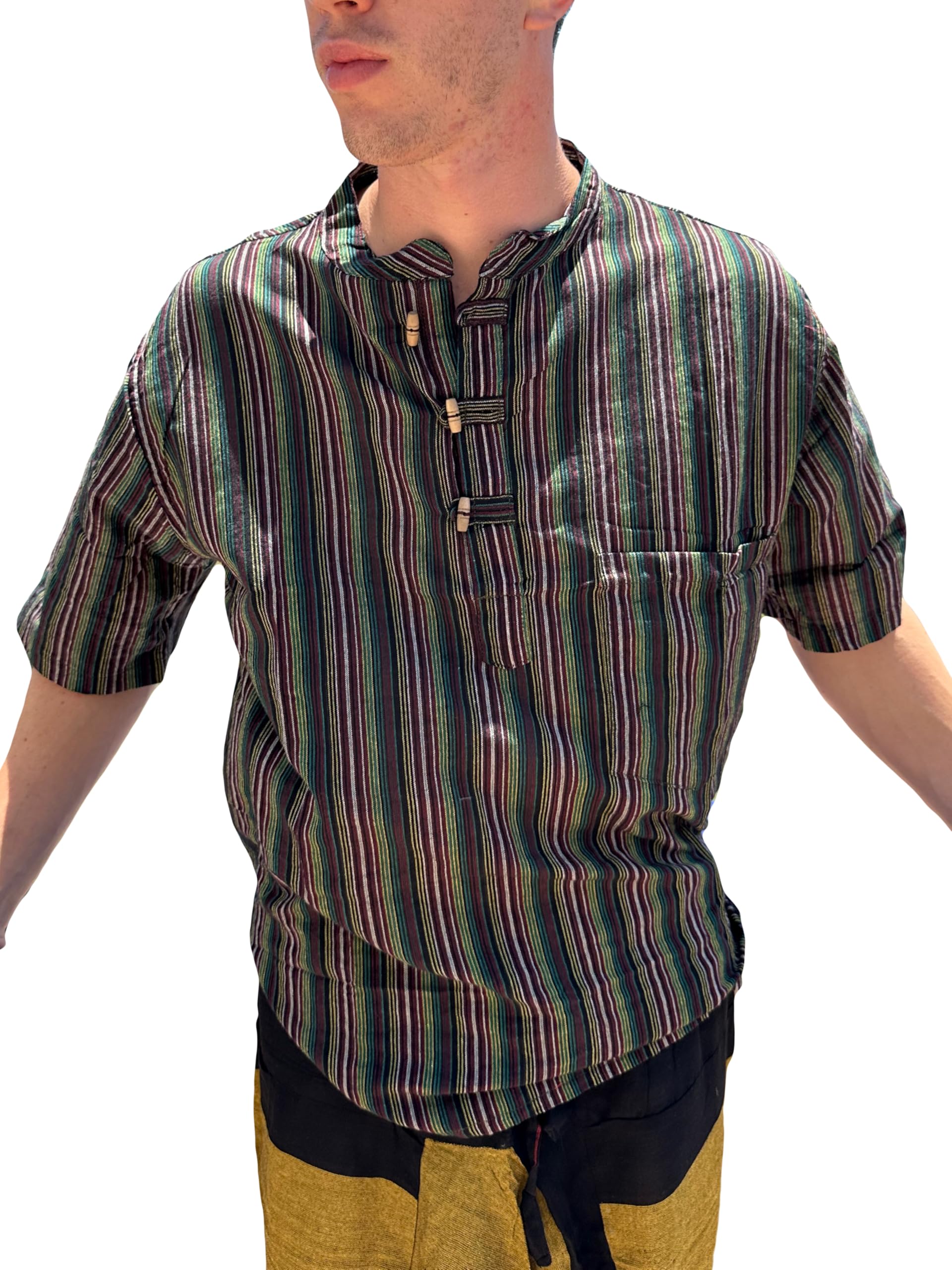 MIGURA Camisa Hombre Ancha Camiseta Mangas Cortas Botones Camisa Rayas Ropa Hippie Étnica Bohemia Casaual Verano Abierta Estampada Rayas Talla Unica Multicolro