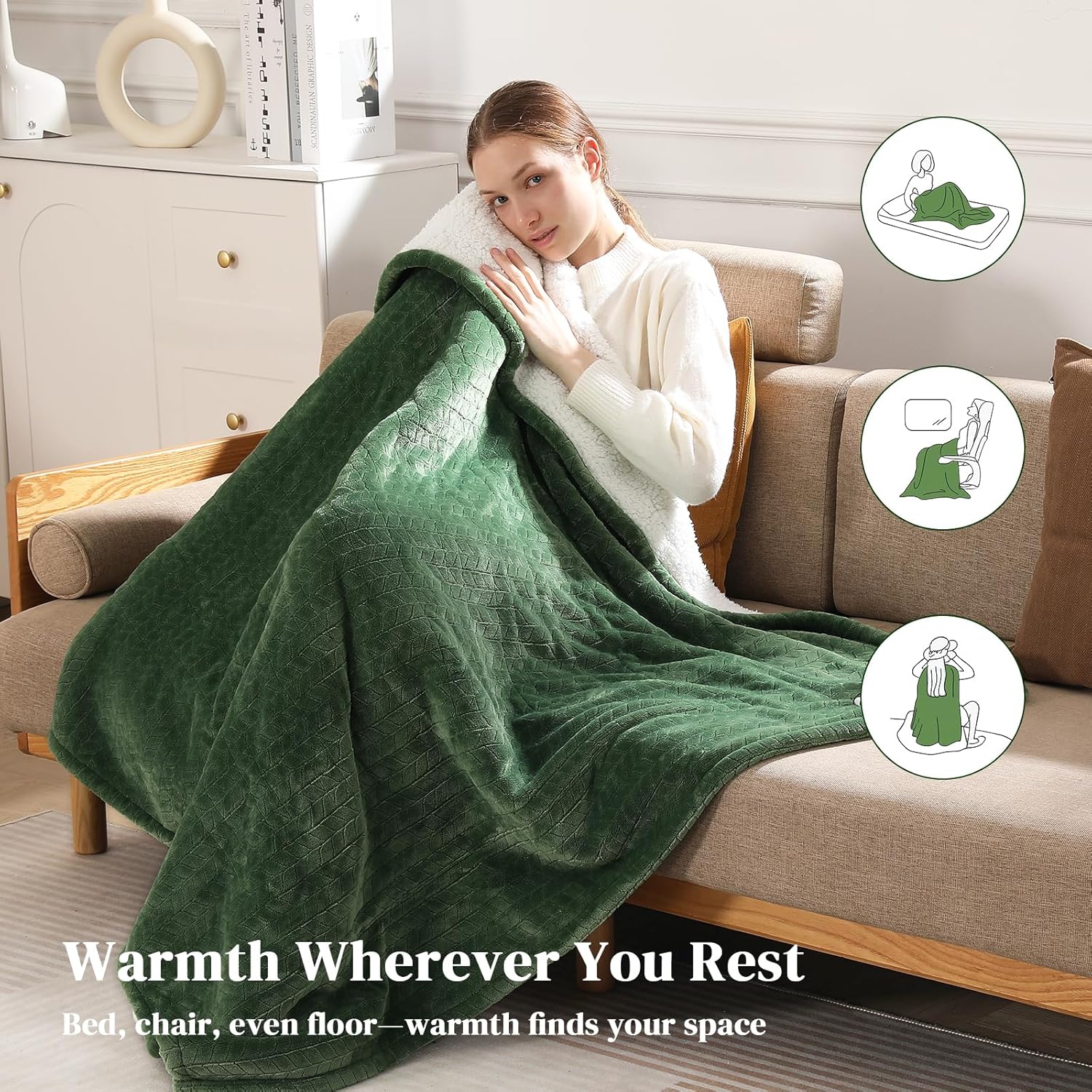 Electric Throw Blanket Heated Throw 50''x60''- Wheat Pattern Flannel & Sherpa Heated Lap Blanket with 5 Heat Settings & 4-Hour Auto Shut-Off, ETL & FCC Certified, Machine Washable Home Use, Green - Image 6