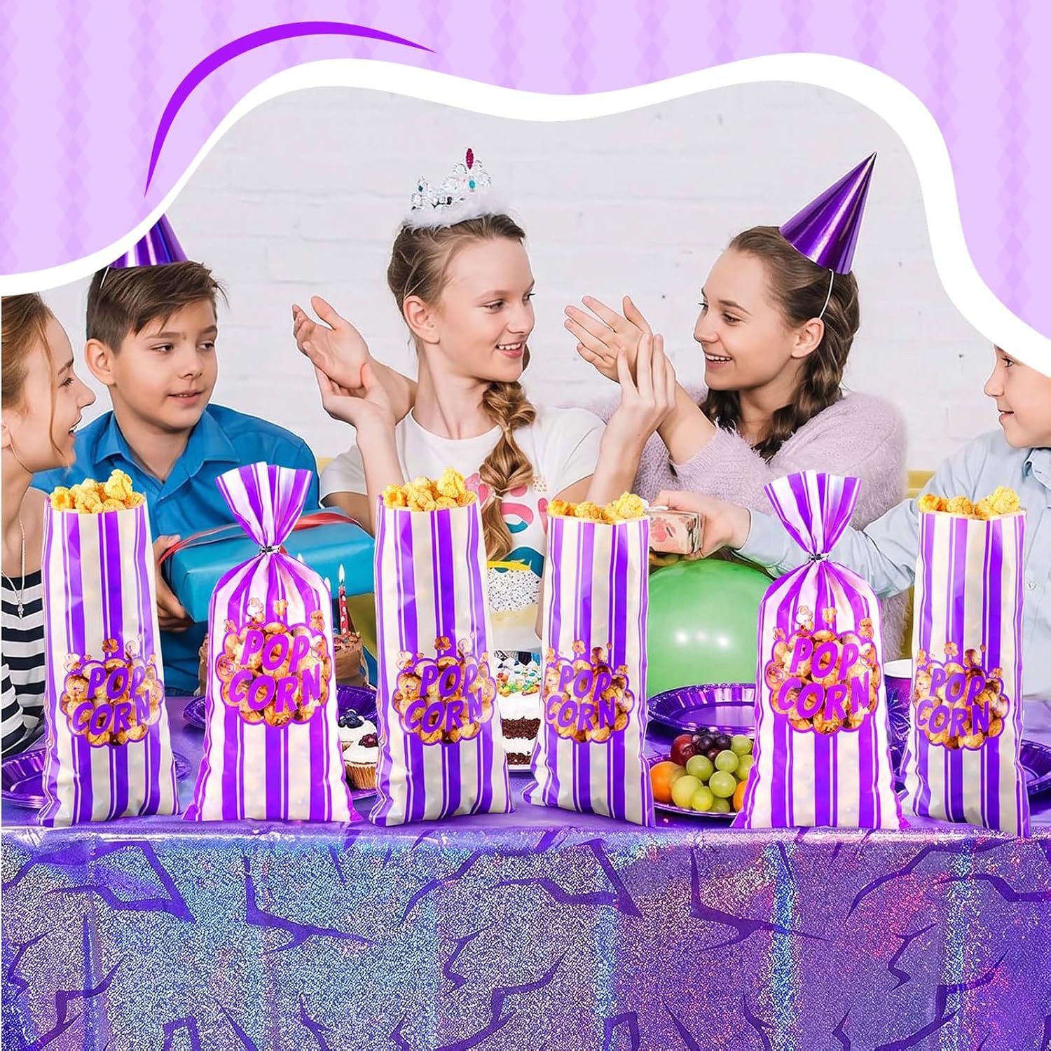 200 Pcs Popcorn Bags Bulk, Bright Purple Striped Plastic image 4