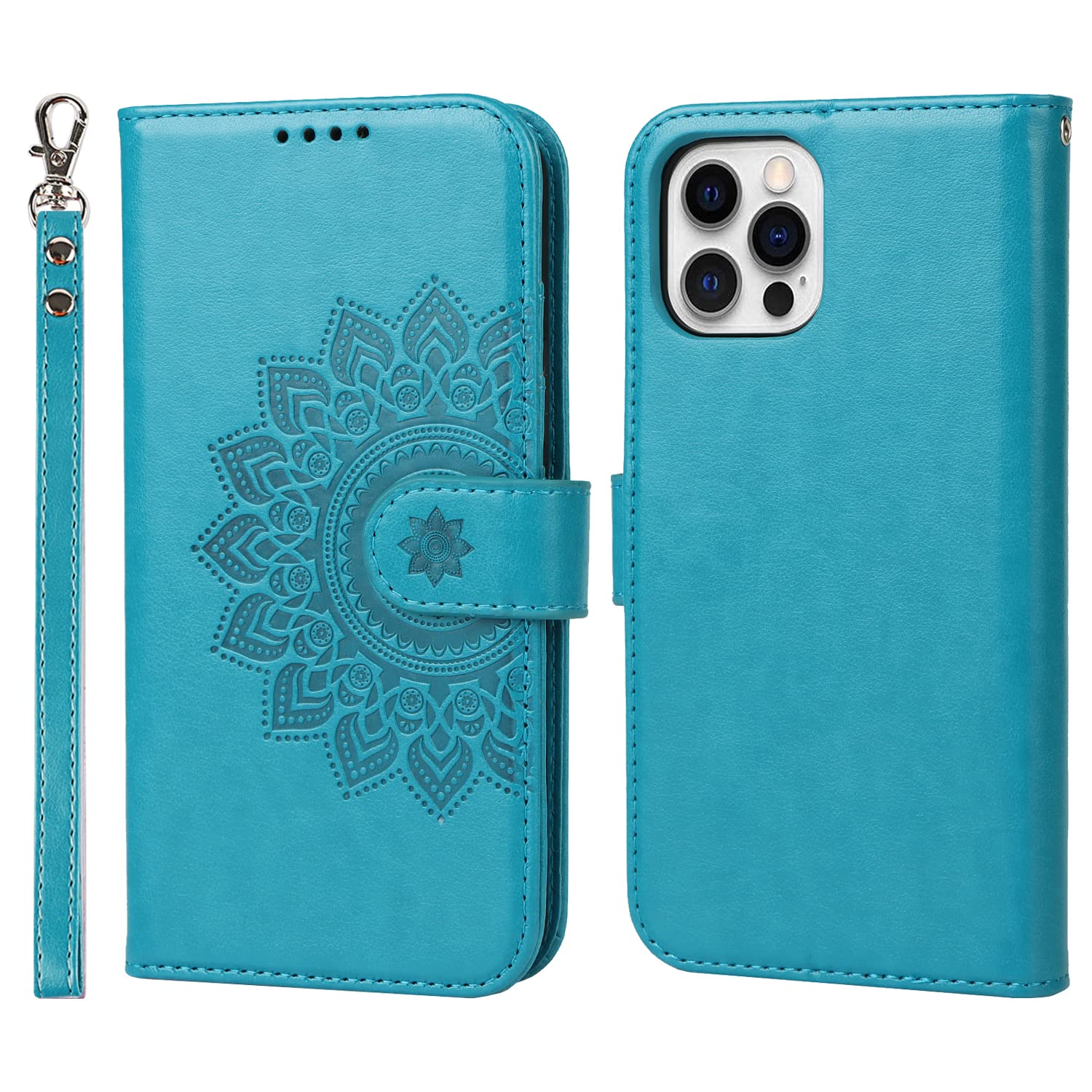 ELTEKER Handyhülle iPhone 12, iPhone 12 Pro Hülle, [3 Kartenfächer] [Magnet Verschluss] Leder Eleganter Prägung Schutzhülle Ledertasche Klapphülle Hülle für iPhone 12/12 Pro, Blau