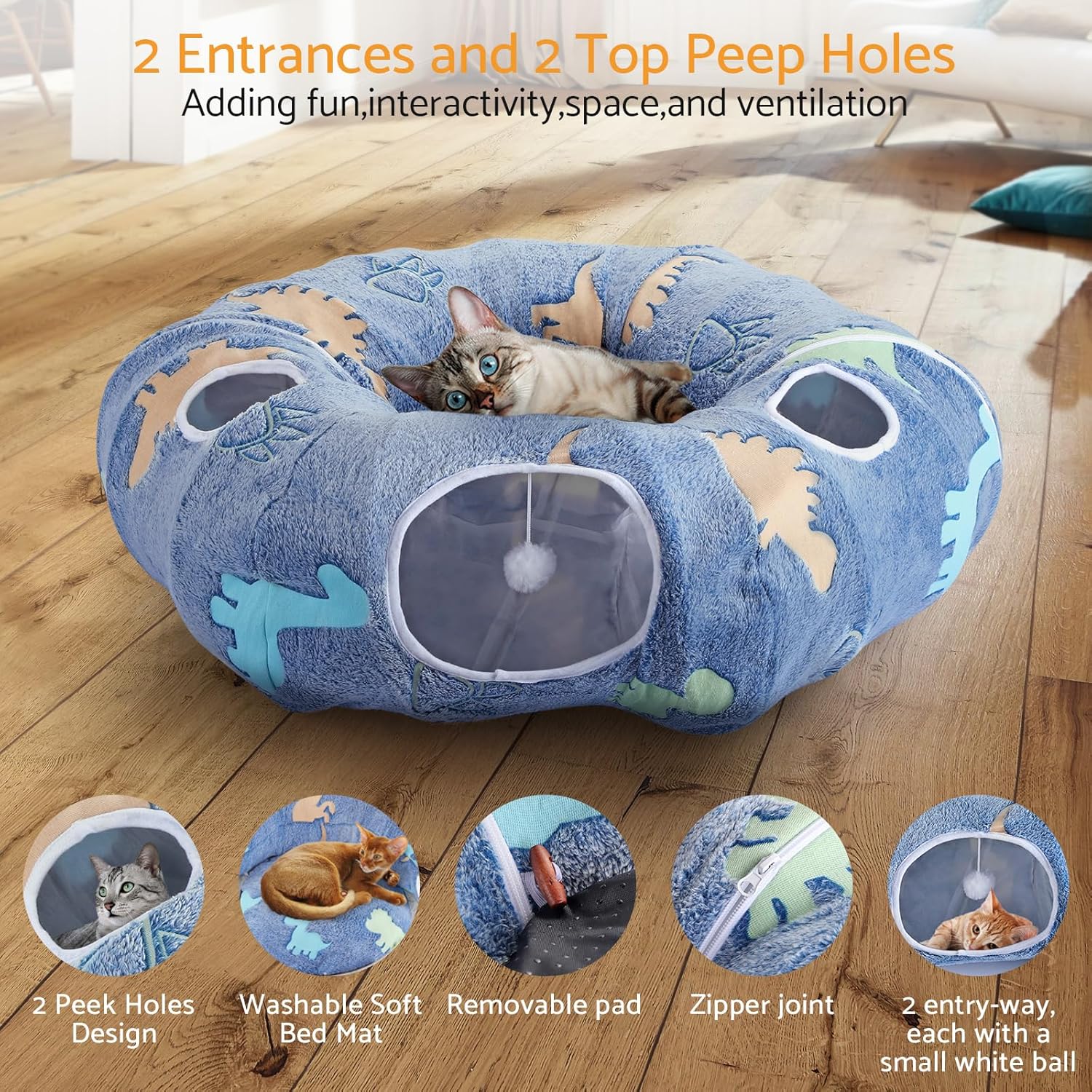 Cat Tunnels for Indoor Cats - Foldable & Washable Interactive Play System with Peekaboo Cave + Plush Bed | 4 Entry Adventure Zone for Kittens, Puppies & Small Pets