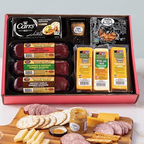Miniatura 2 de Cesta de regalo para fiestas: cuenta con salchichas ahumadas de verano 100% Wisconsin, galletas saladas, pretzels y mostaza, perfecta para fiestas