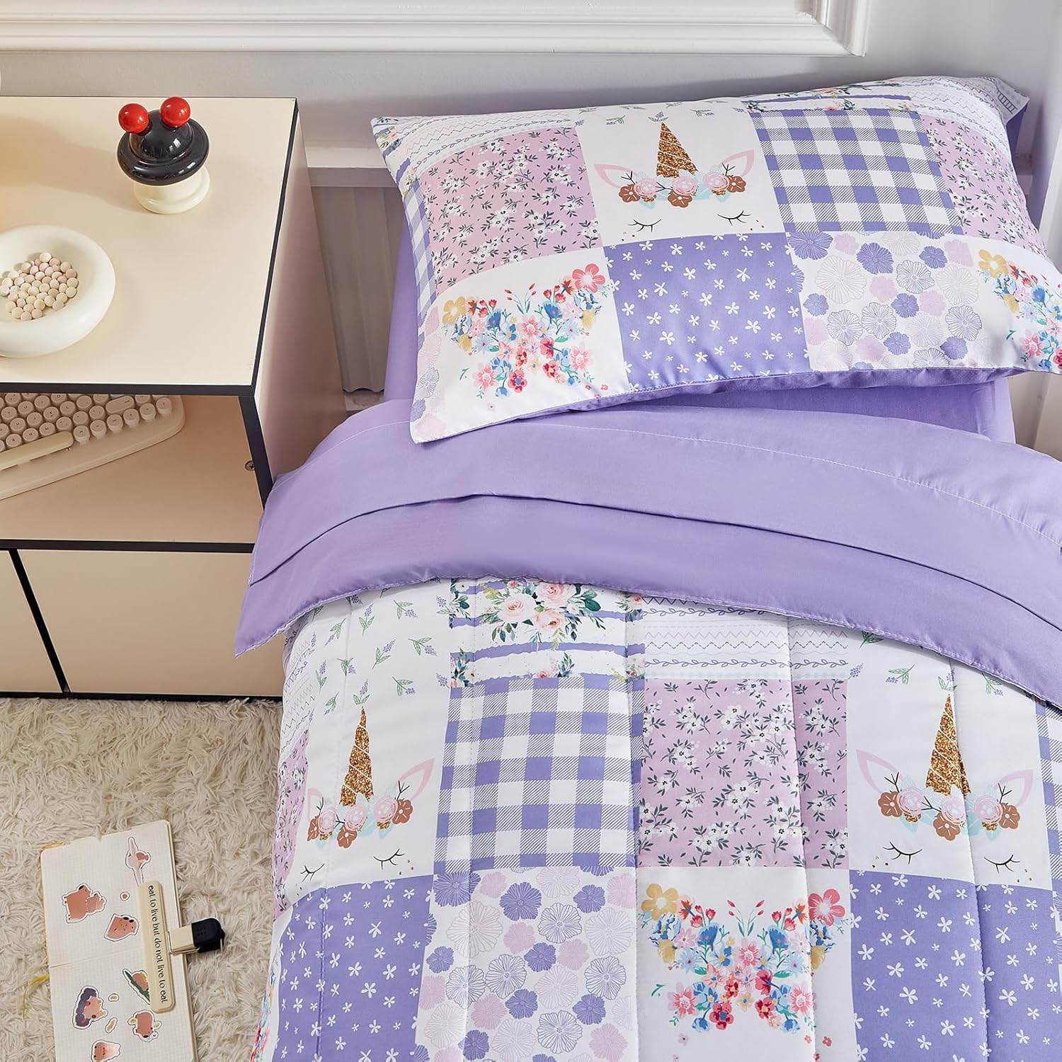 Joyreap 4 Piece Toddler Bedding Set- Purple Butterflies Flowers Patchwork Toddler Comforter Set, Includes Quilted Comforter, Fitted Sheet, Top Sheet, and Pillow Case