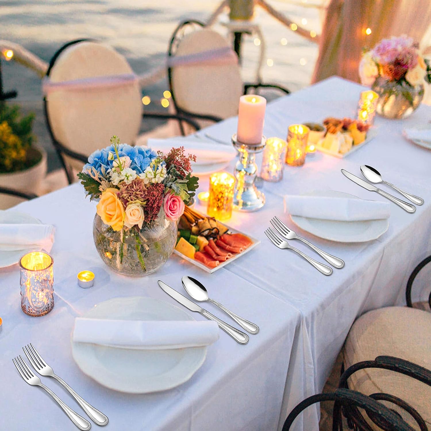 LIANYU 60-Piece Silverware Flatware Set for 12, Stainless Steel Cutlery Tableware with Pearled Edge, Fancy Eating Utensils for Kitchen Restaurant Party, Include Forks Knives Spoons, Dishwasher Safe