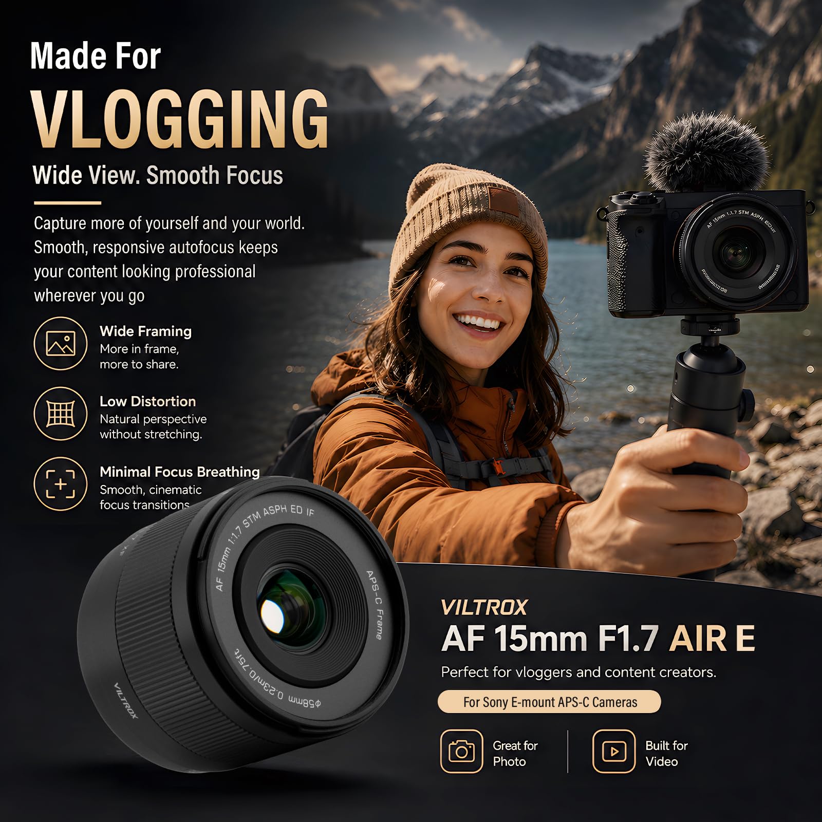 VILTROX 15mm F1.7 Objectif Automatique Appareils Photo Monture E Sony Lens Grand Angle Grande Ouverture STM Compatible Appareils Photo APS-C Sony A5000 A5100 A6000 A6100 A6300 A6400 A6500