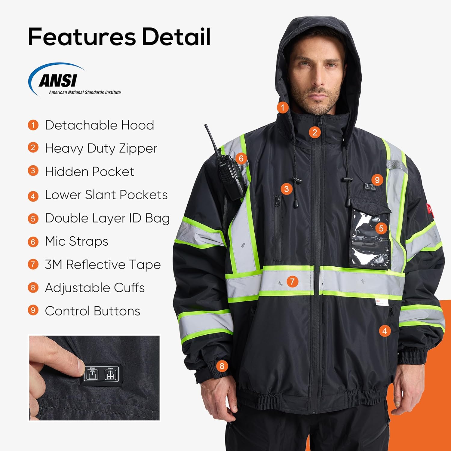 SRsafety Safety Heated Jacket,Waterproof Safety Jacket for Men with Pockets, Reflective High Visibility Safety Jackets - Image 4