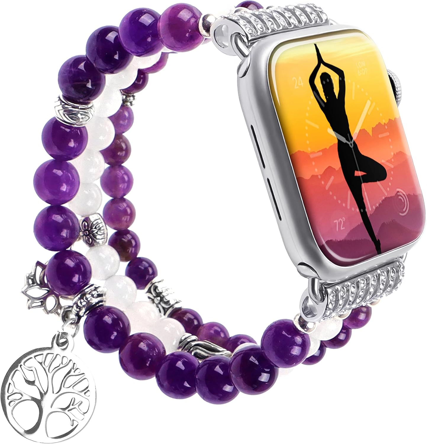 Yoga Healing Amethyst Stone Bracelet Tree of Life Stress Relief Beaded Band Compatible with Apple Watch SE 8 7 6 5 4 3 2 1 38mm 40mm 42mm 44mm