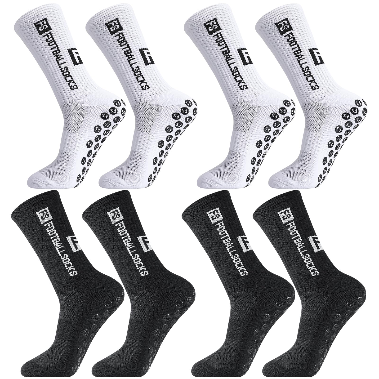 Apricitie 4 Paare Fußball Socken, 35-38 Fußballsocken Anti Rutsch Grip Sportsocken Rutschfeste Fussball Socken für Herren Damen, Weiß, Schwarz